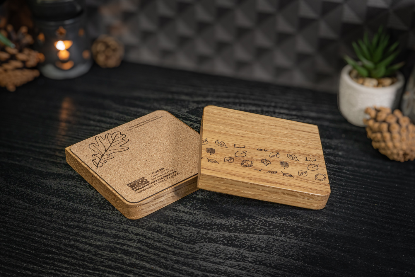 2 x Falling leaves Engraved Solid Oak Coasters