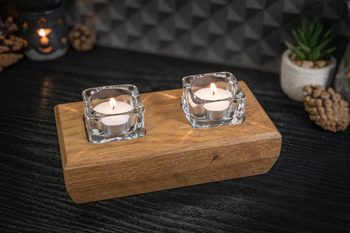 Chamfered Solid Oak Tea Light Candle Holder 