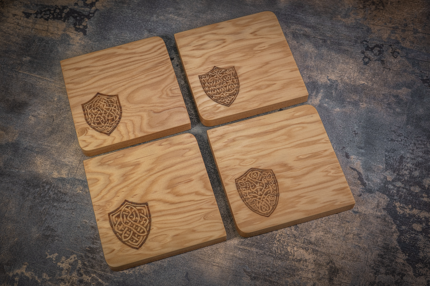 4 x Shield Engraved Solid Douglas Fir Coasters