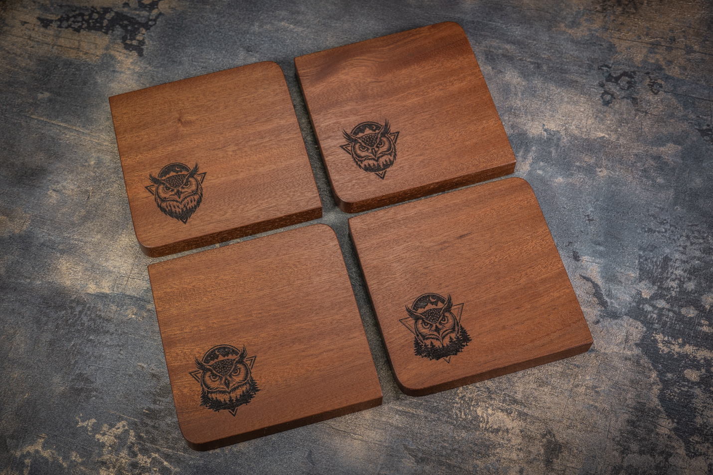 4 x Owls Engraved Solid Sapele Coasters