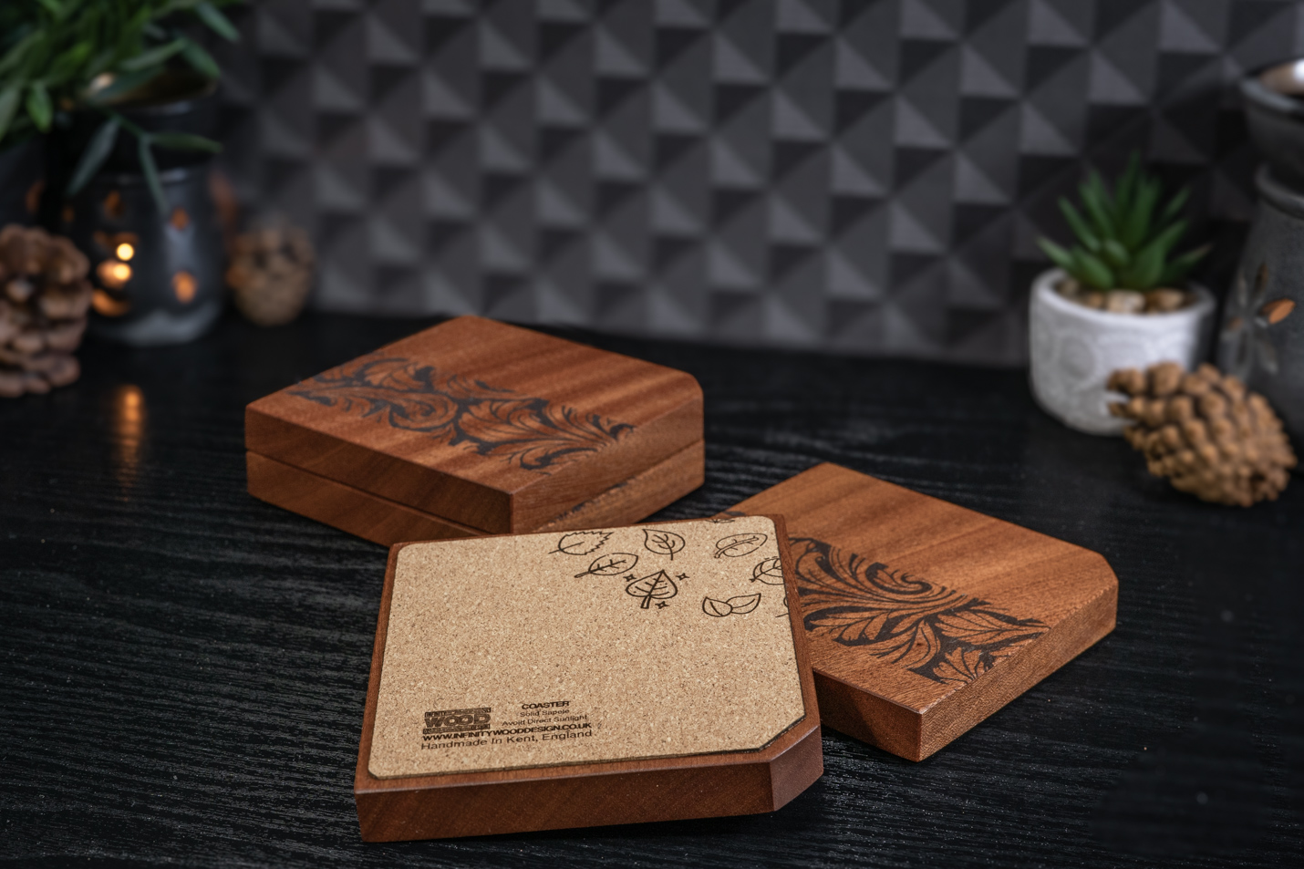 4 x Leaves Engraved Solid Sapele Coasters