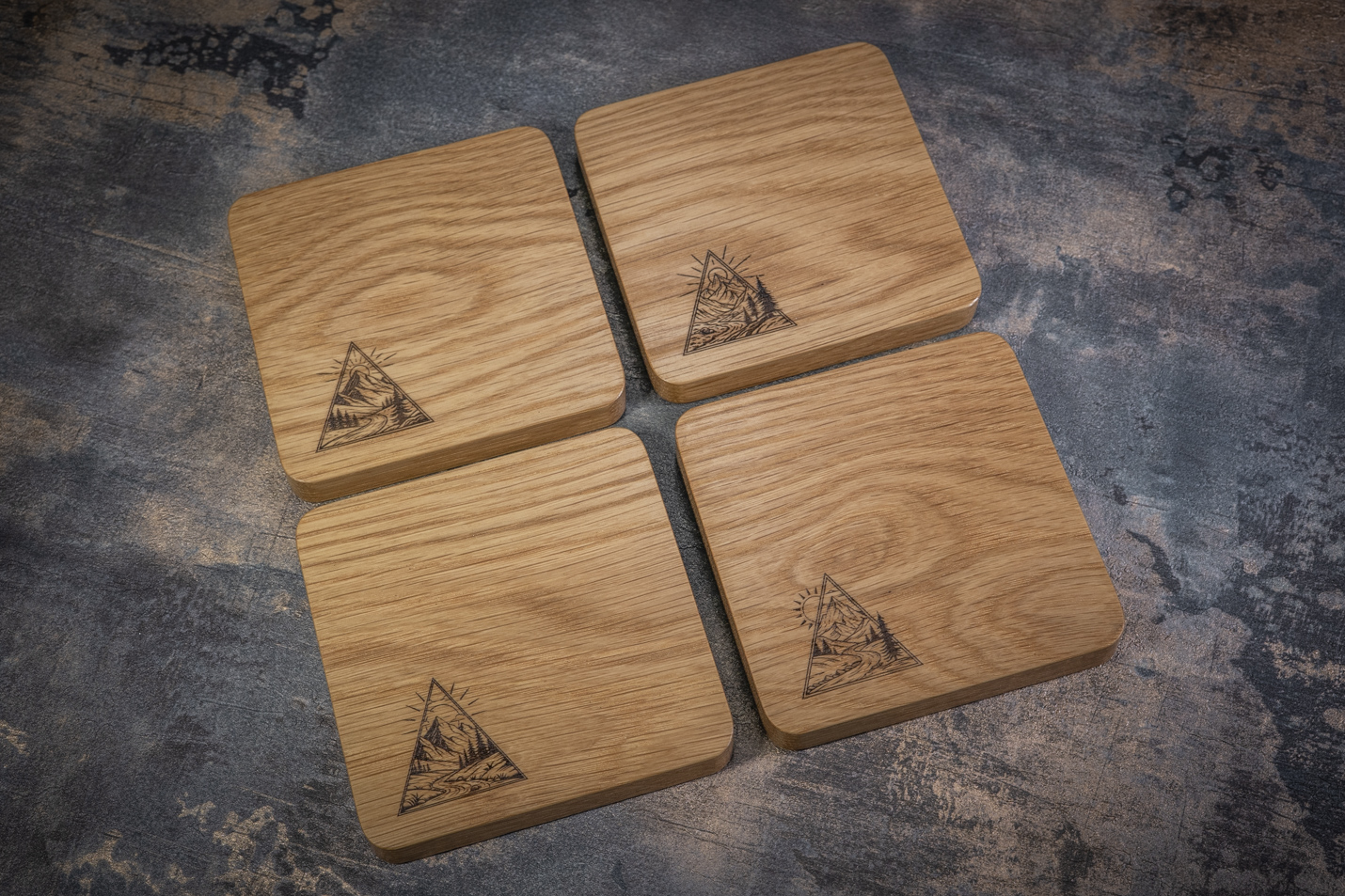4 x Triangle Nature Engraved Solid Oak Coasters