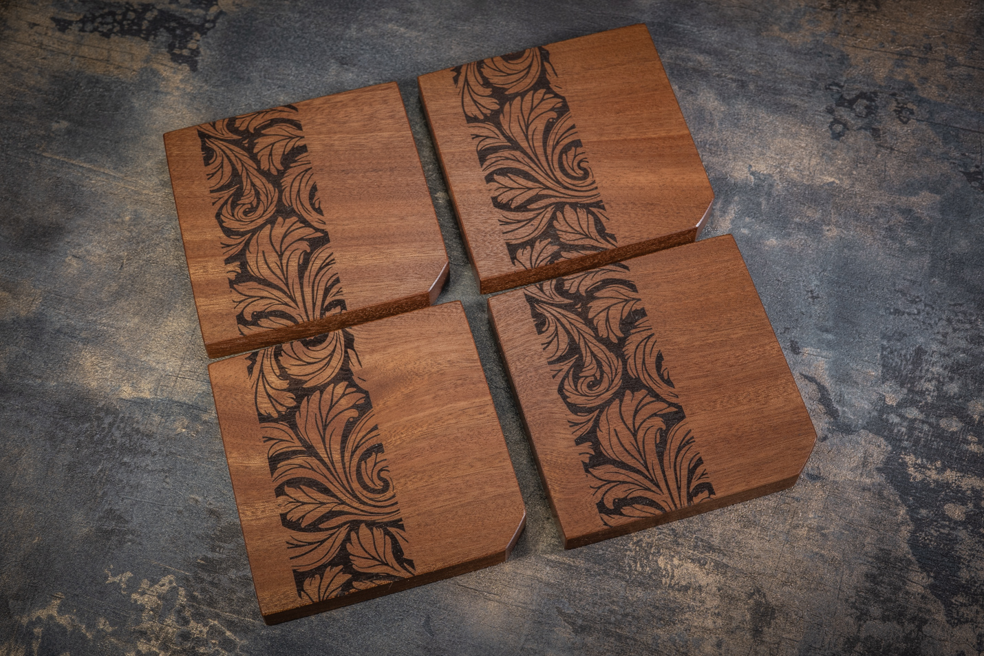 4 x Leaves Engraved Solid Sapele Coasters