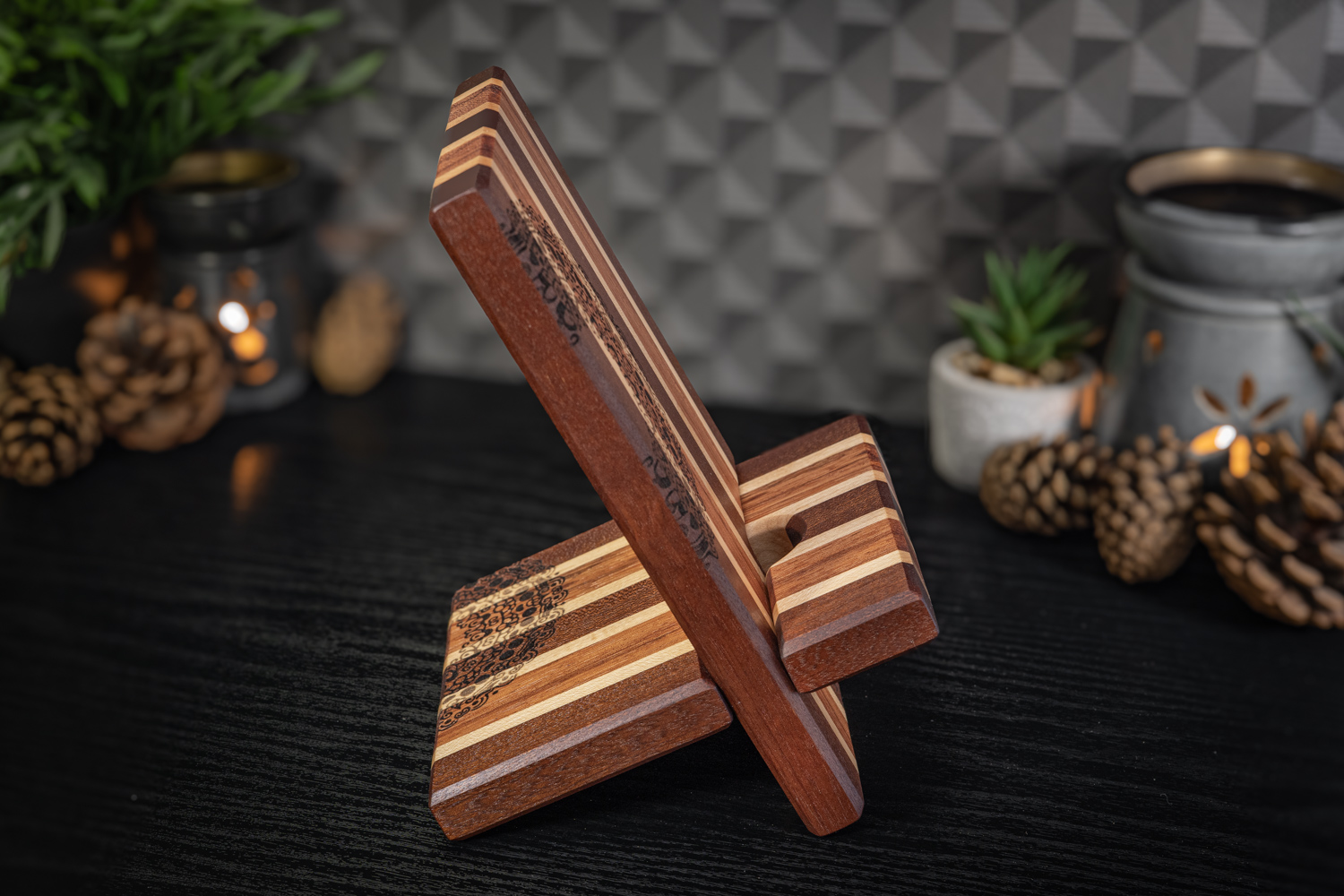 Mandala Engraved Sapele, Maple and Ebiara Phone Stand