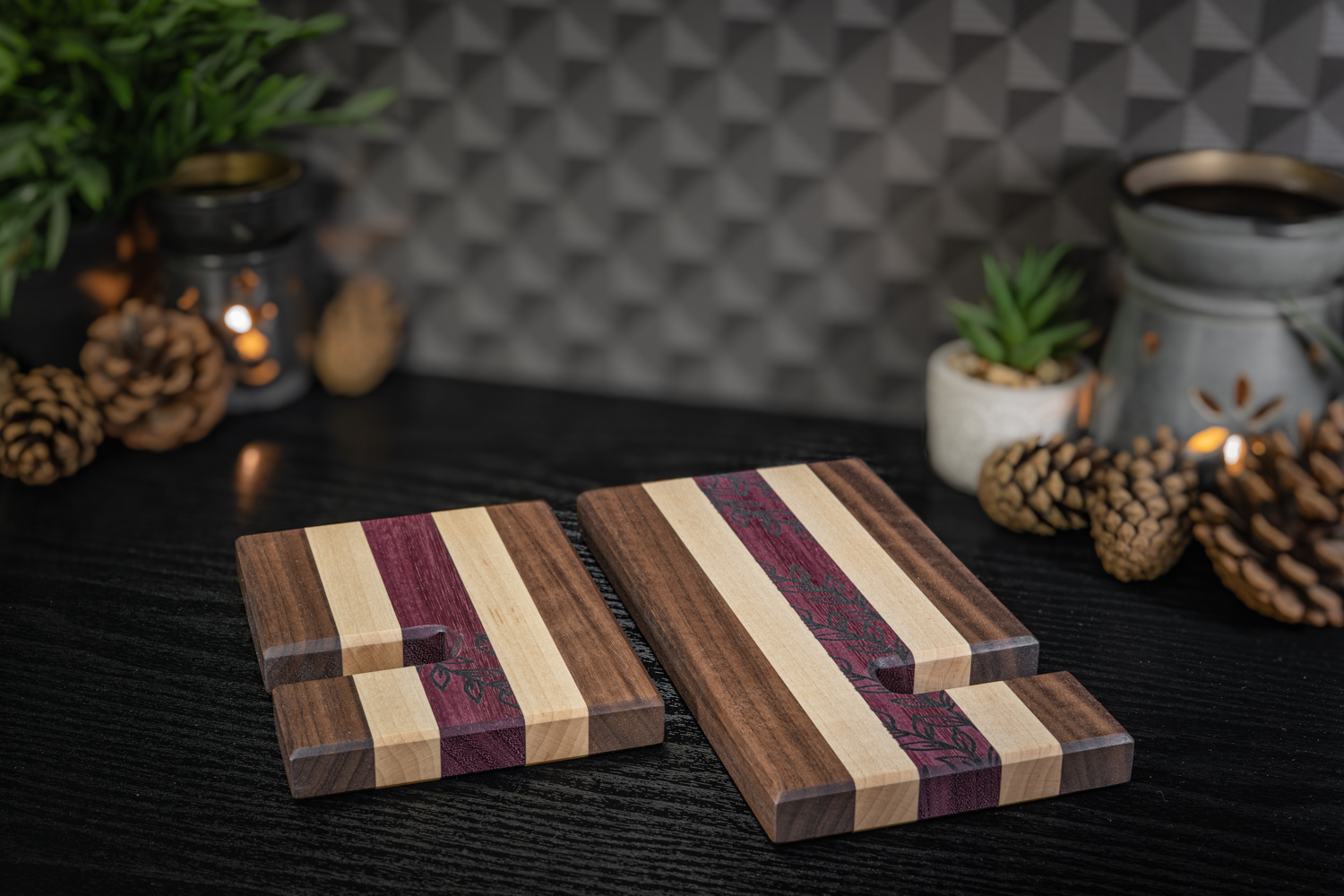 Plant Engraved Walnut, Maple and Purpleheart Phone Stand