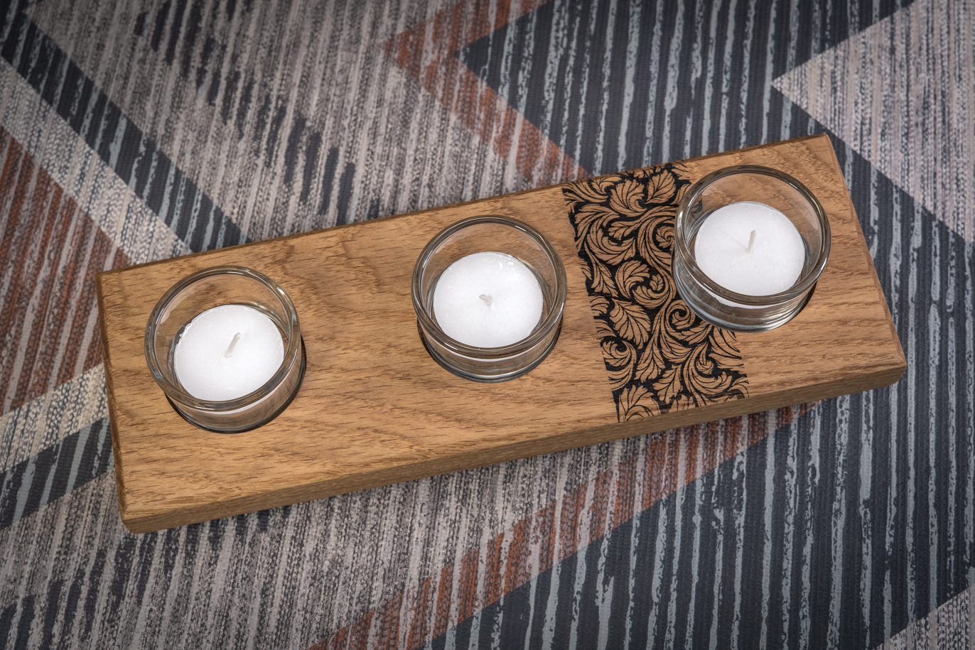 Leaves Engraved Solid Oak Tea Light Candle Holder 