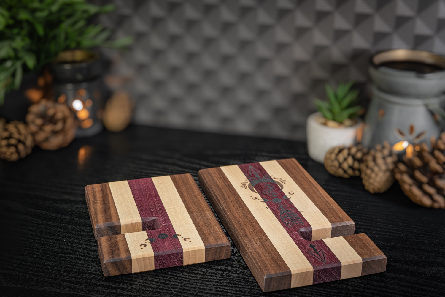 Spiritual Engraved Walnut, Maple and Purpleheart Phone Stand