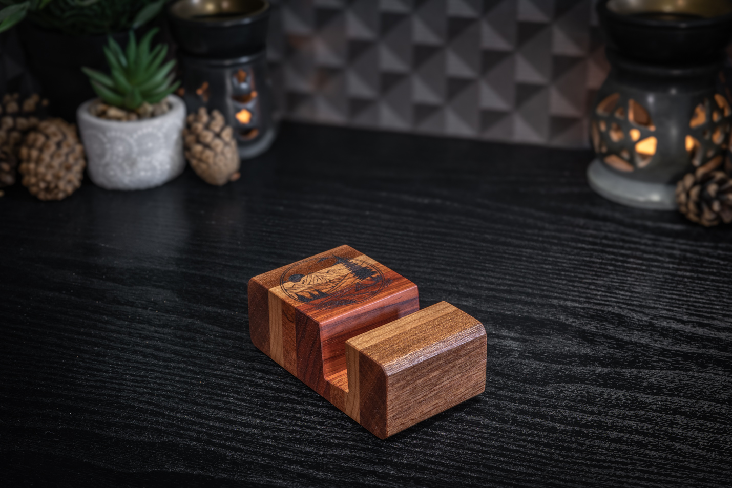 Nature Engraved Sapele, Cherry, Rosewood & Padauk Phone Stand