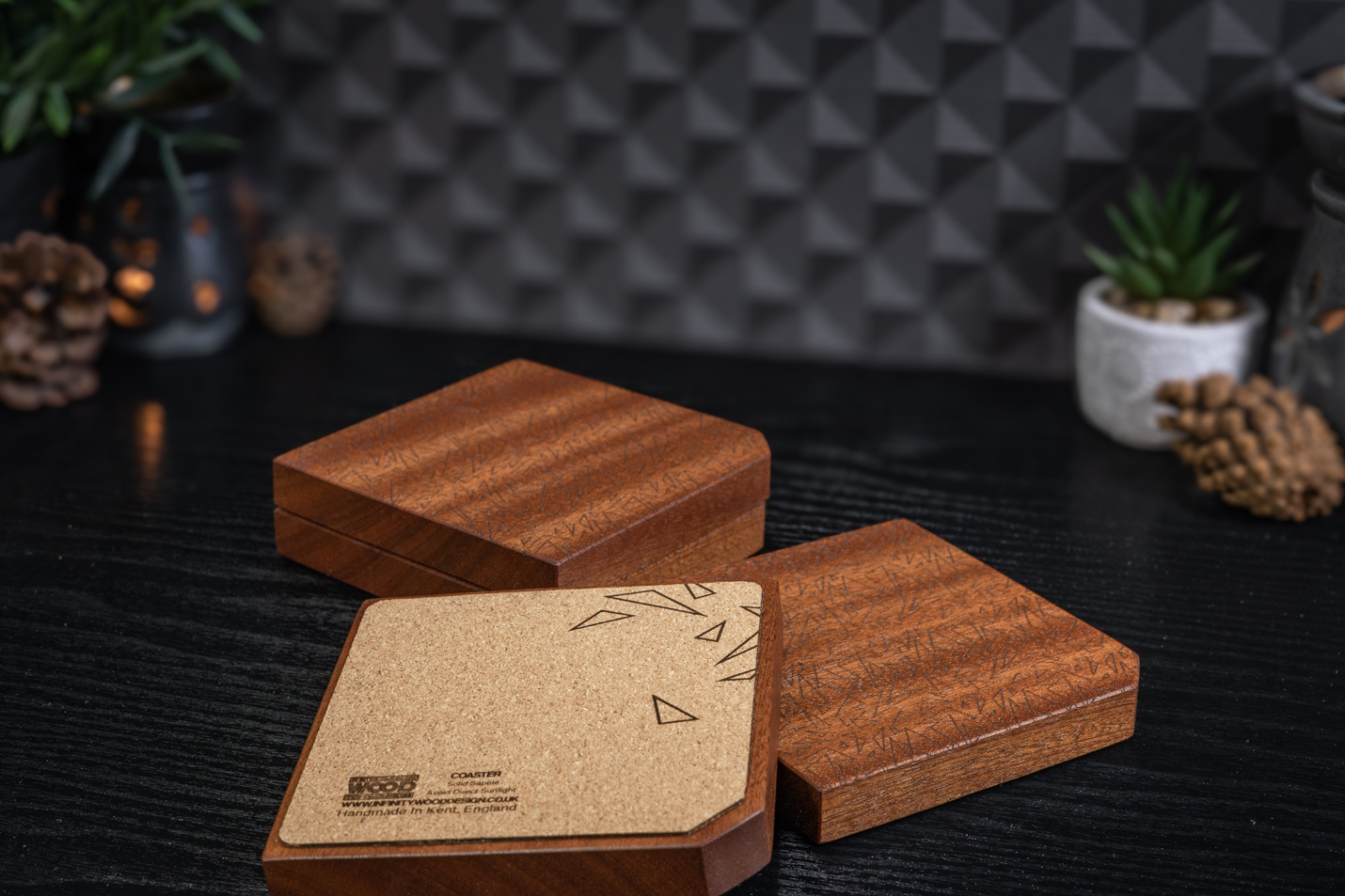 4 x Geometric Engraved Solid Sapele Coasters