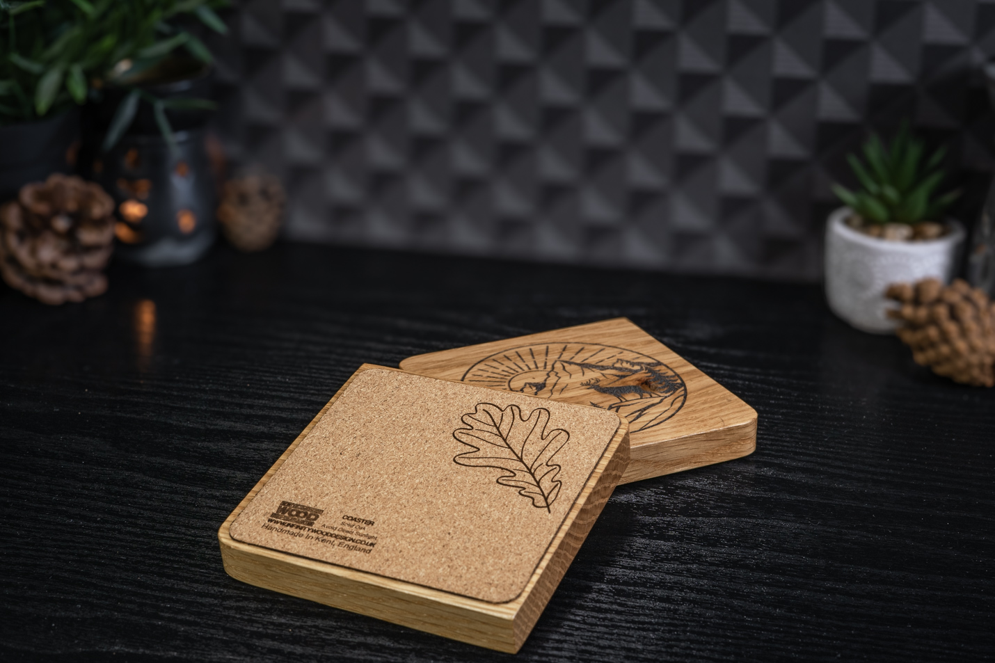 2 x Nature Engraved Solid Oak Coasters