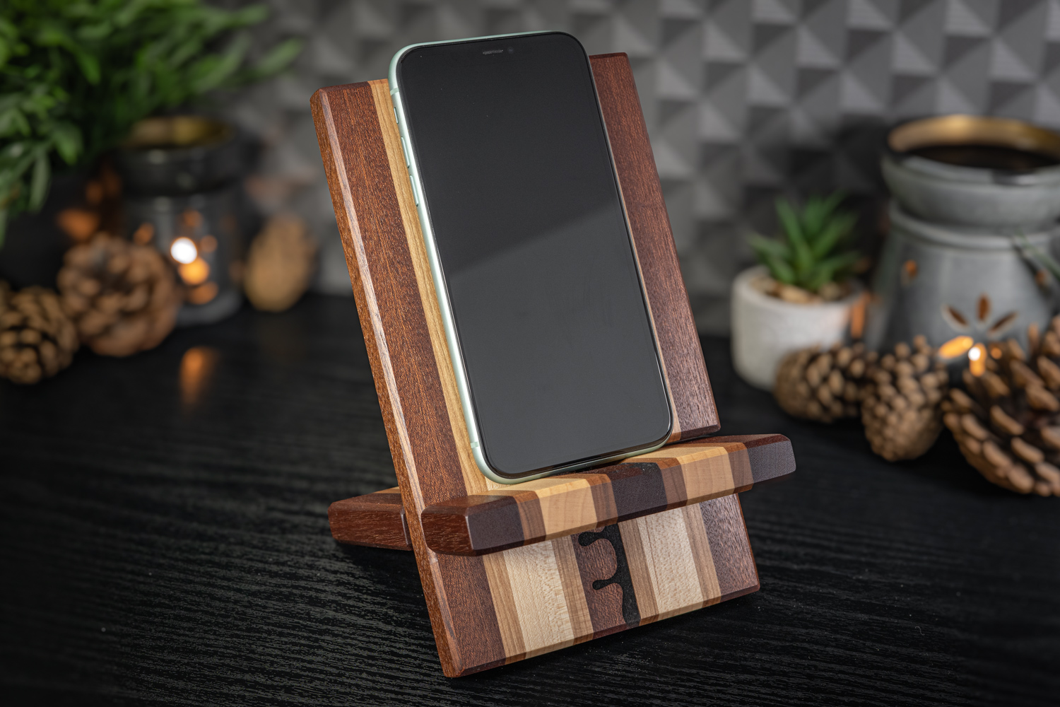 Drip Engraved Sapele, Cherry & Maple Phone Stand