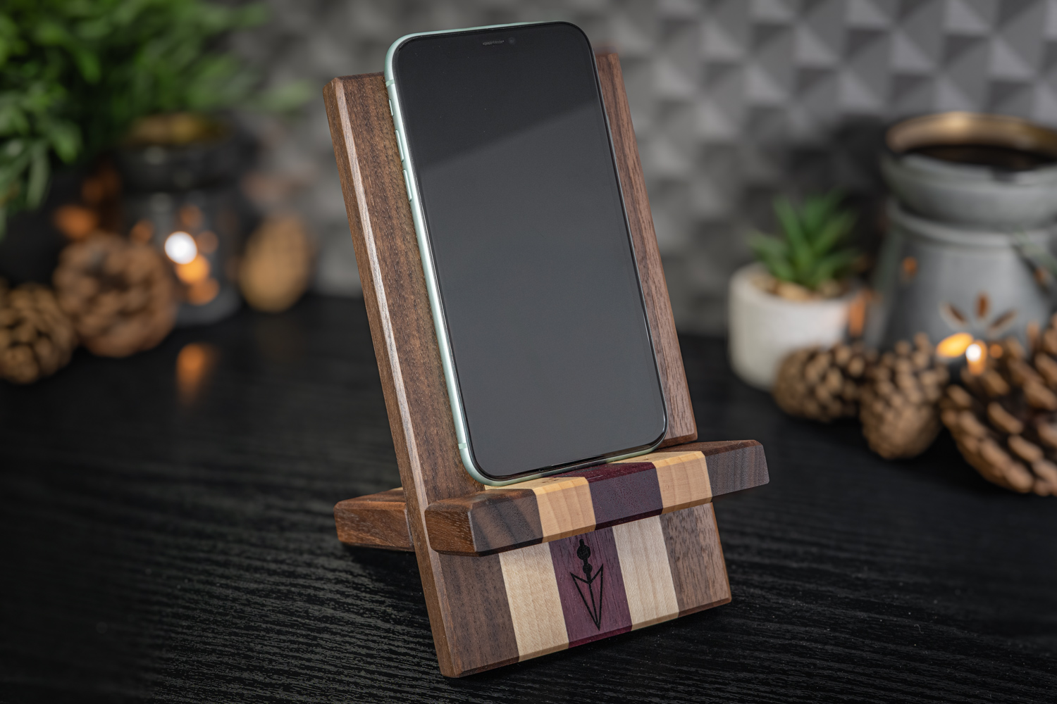 Spiritual Engraved Walnut, Maple and Purpleheart Phone Stand