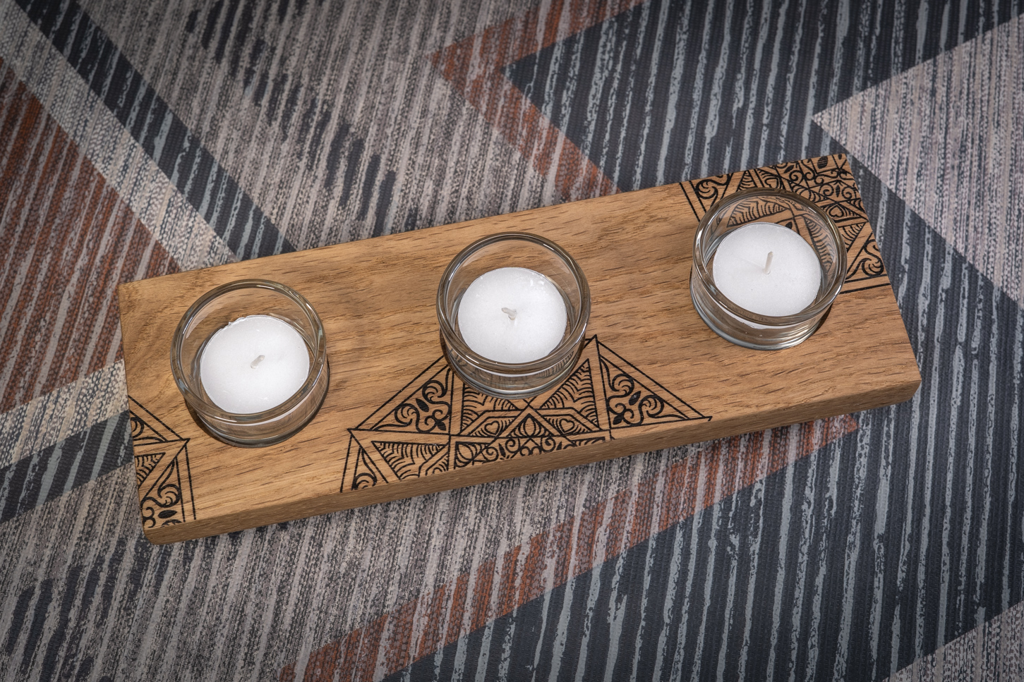 Split Mandala Engraved Solid Oak Tea Light Candle Holder 
