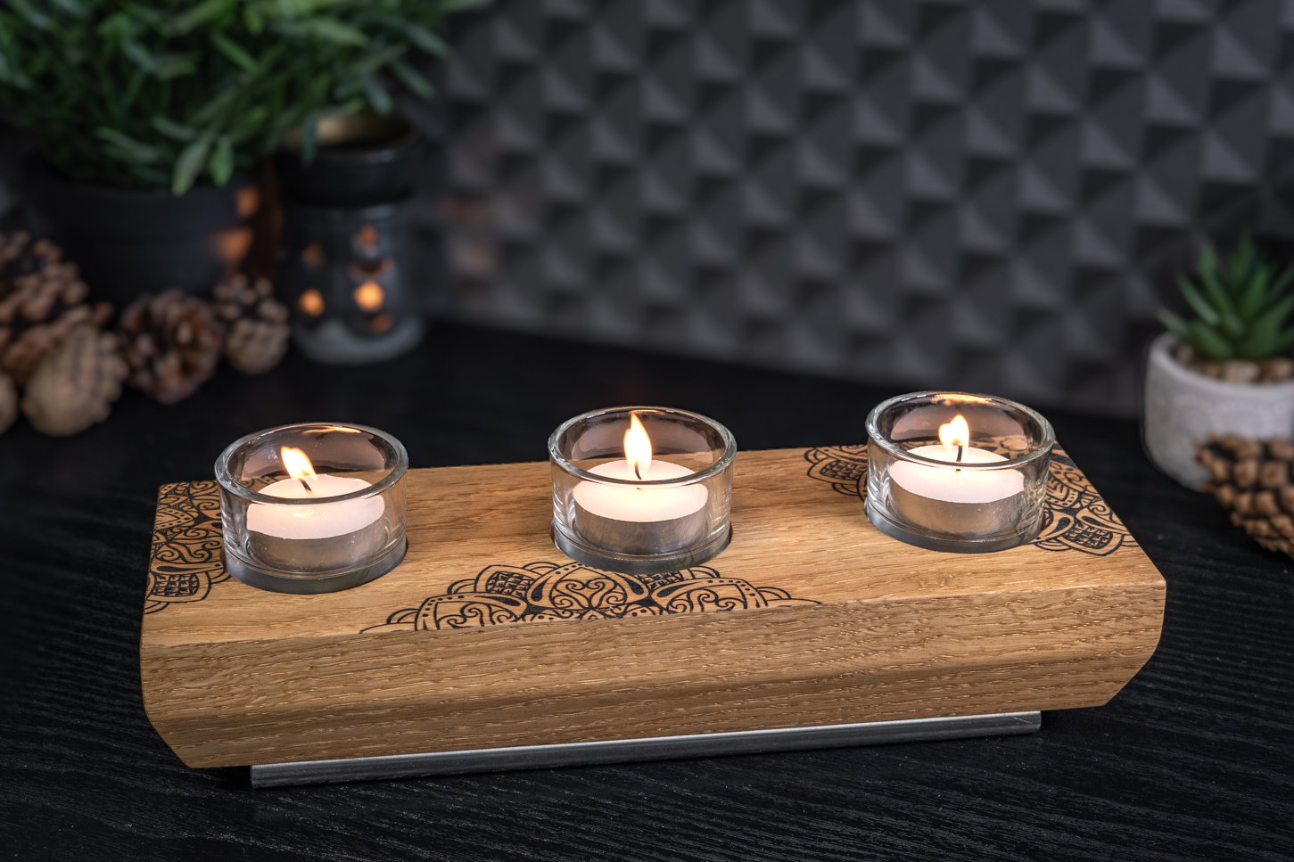Split Mandala Engraved Solid Oak Tea Light Candle Holder 