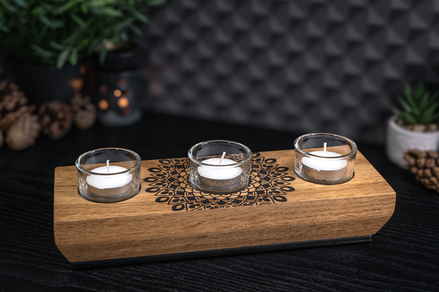 Mandala Engraved Solid Oak Tea Light Candle Holder 