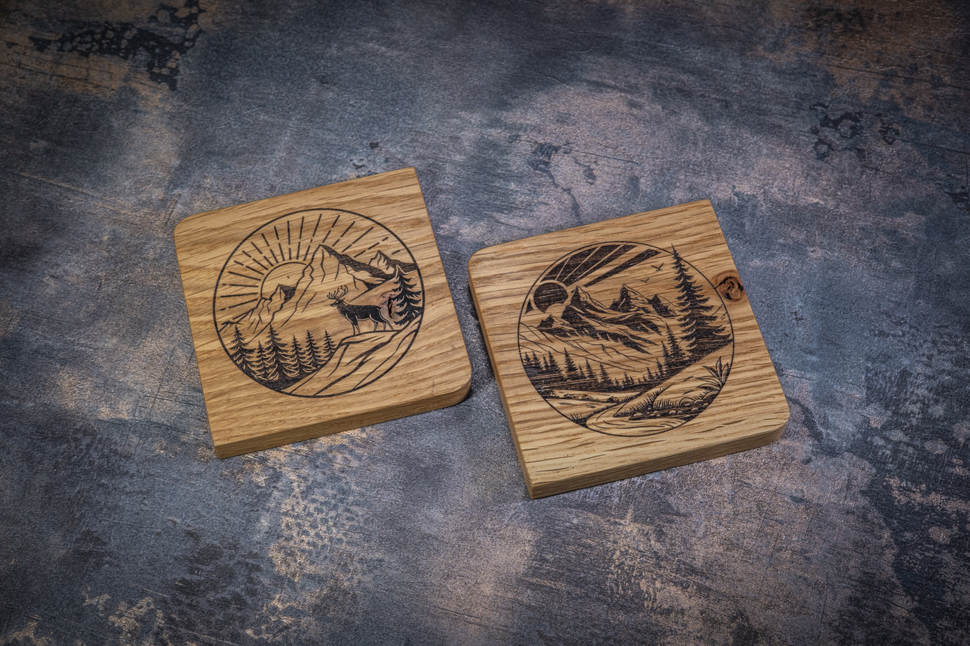 2 x Nature Engraved Solid Oak Coasters