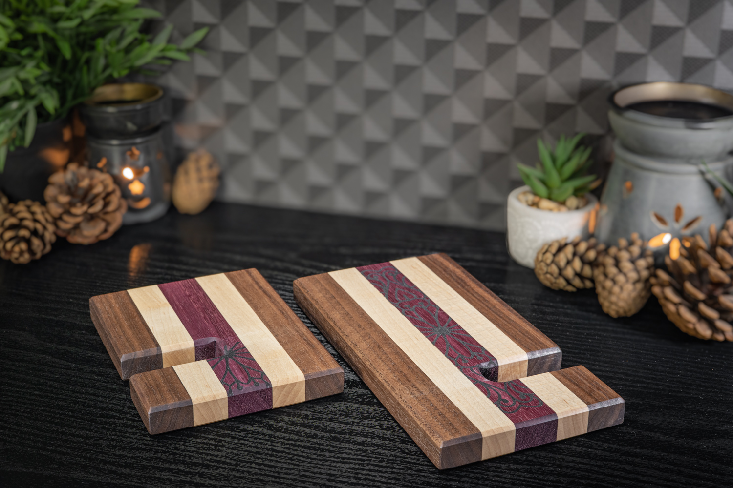 Flower Engraved Walnut, Maple and Purpleheart Phone Stand