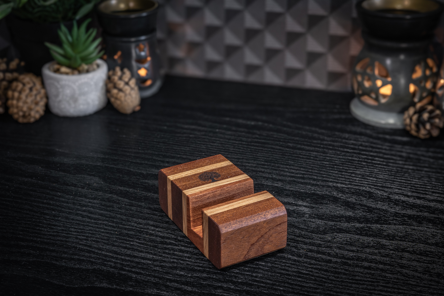 Tree Engraved Sapele, Ash & Rosewood Phone Stand