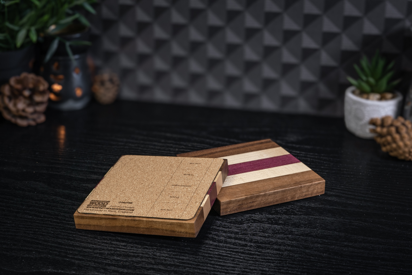 2 x Walnut, Maple & Purpleheart Coasters