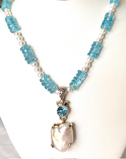 Blue Topaz  & Baroque Pearl Pendant 