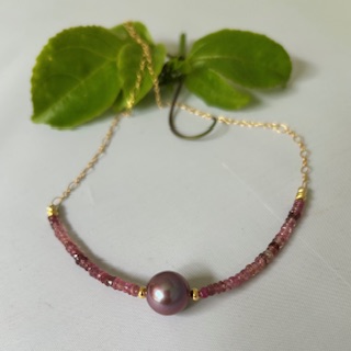 Dark pink hued Edison Pearl and  Pink-plum Tourmaline Gem Necklace