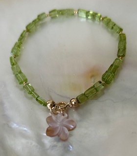 Periodot Green Gem Bracelet with Mother of Pearl Plumeria Charm