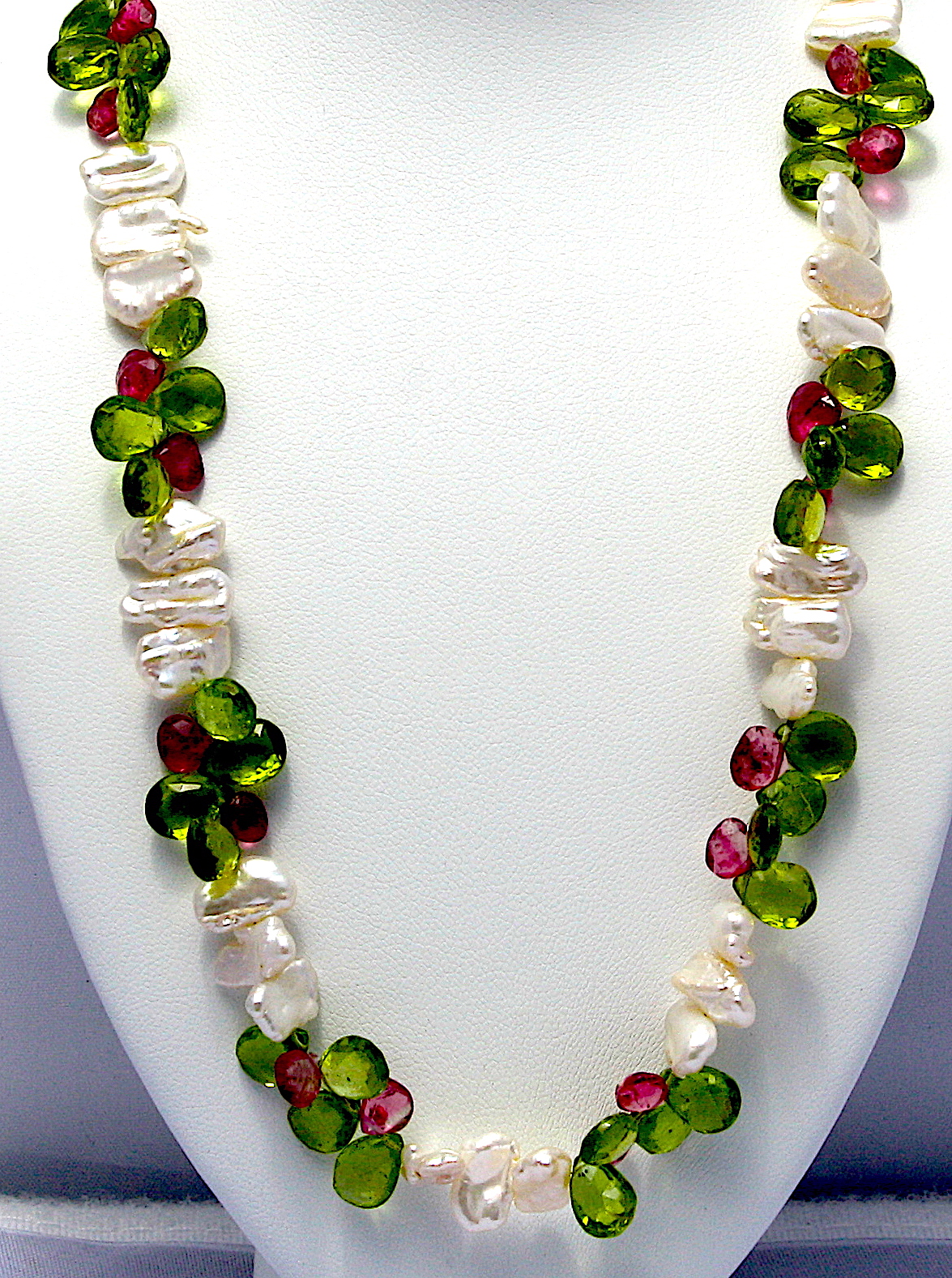 Exquisite Peridot and Tourmaline briolette clusters with Biwa Pearl Necklace