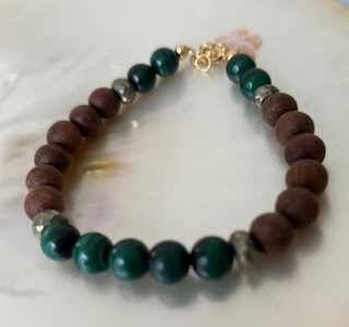 Natural Wood and Malachite Gemstone  Bracelet