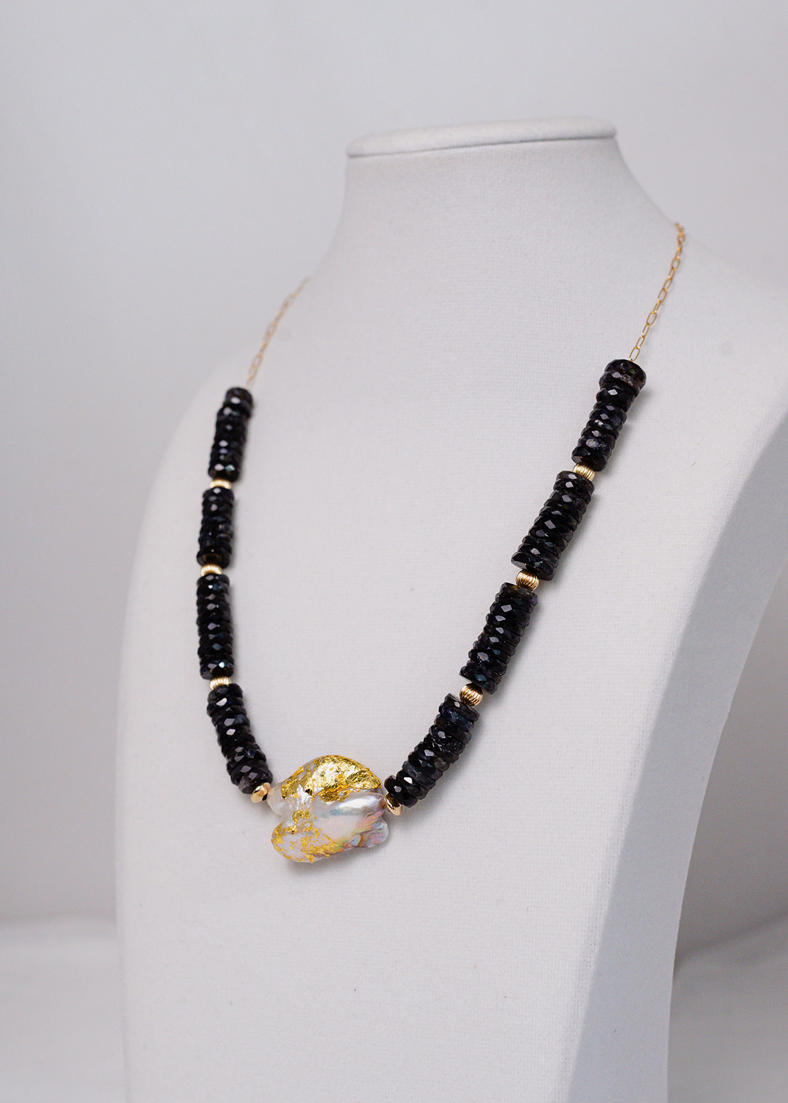 Gold leaf accented baroque pearl with dark Iolite gem Necklace 