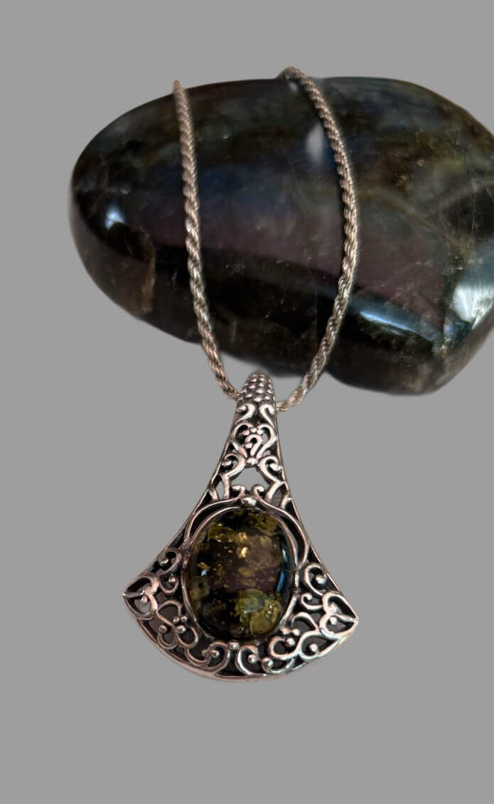Green Amber in Elegant Silver Filigree Necklace