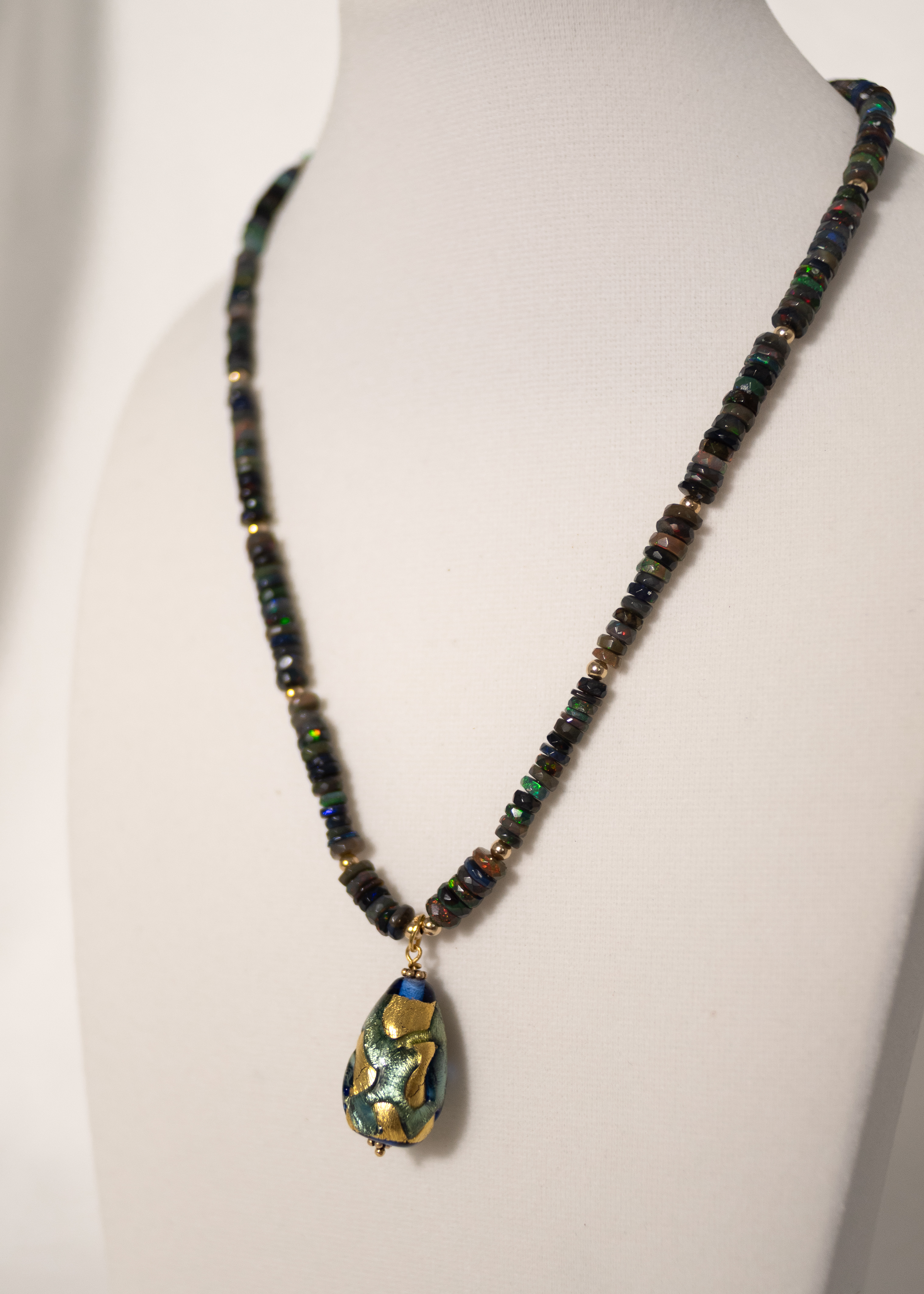 Ethiopian opal necklace spotlights vintage Japanese lampwork 