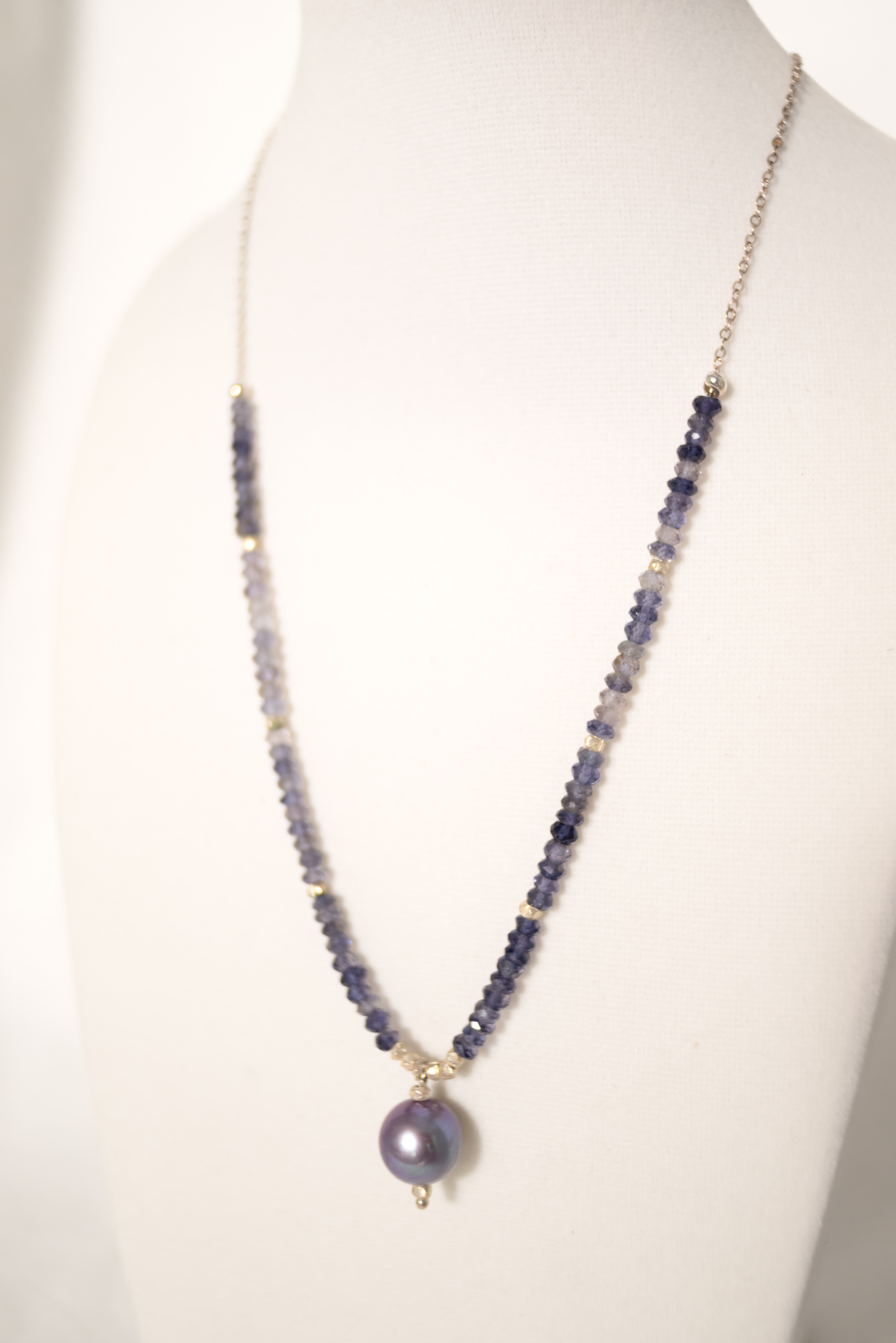Edison pearl of sky blue and purple undertones with Iolite and silver accents