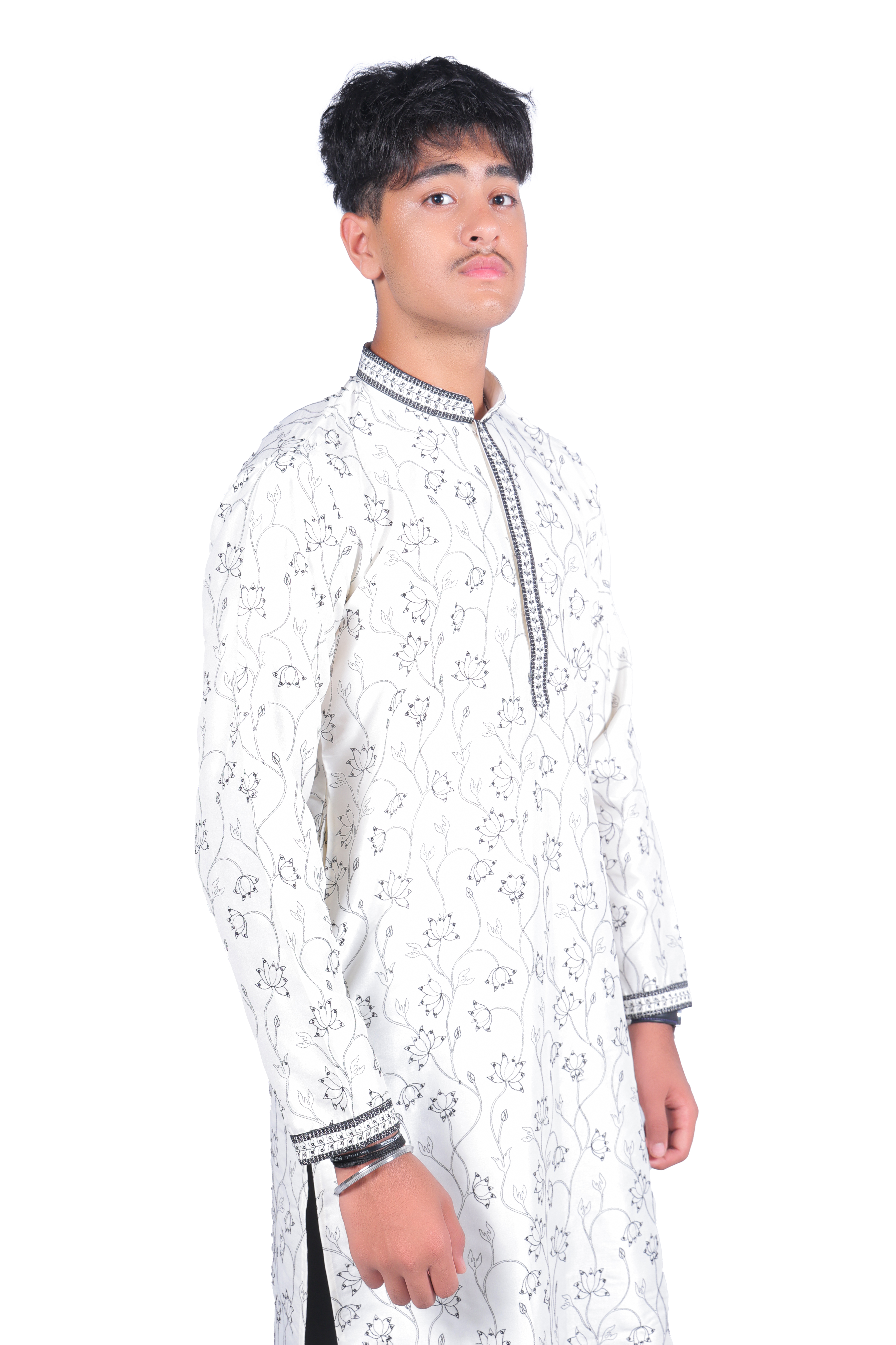 Men's White Printed Kurta Pyjama Set - Silk Blend with Floral Pattern