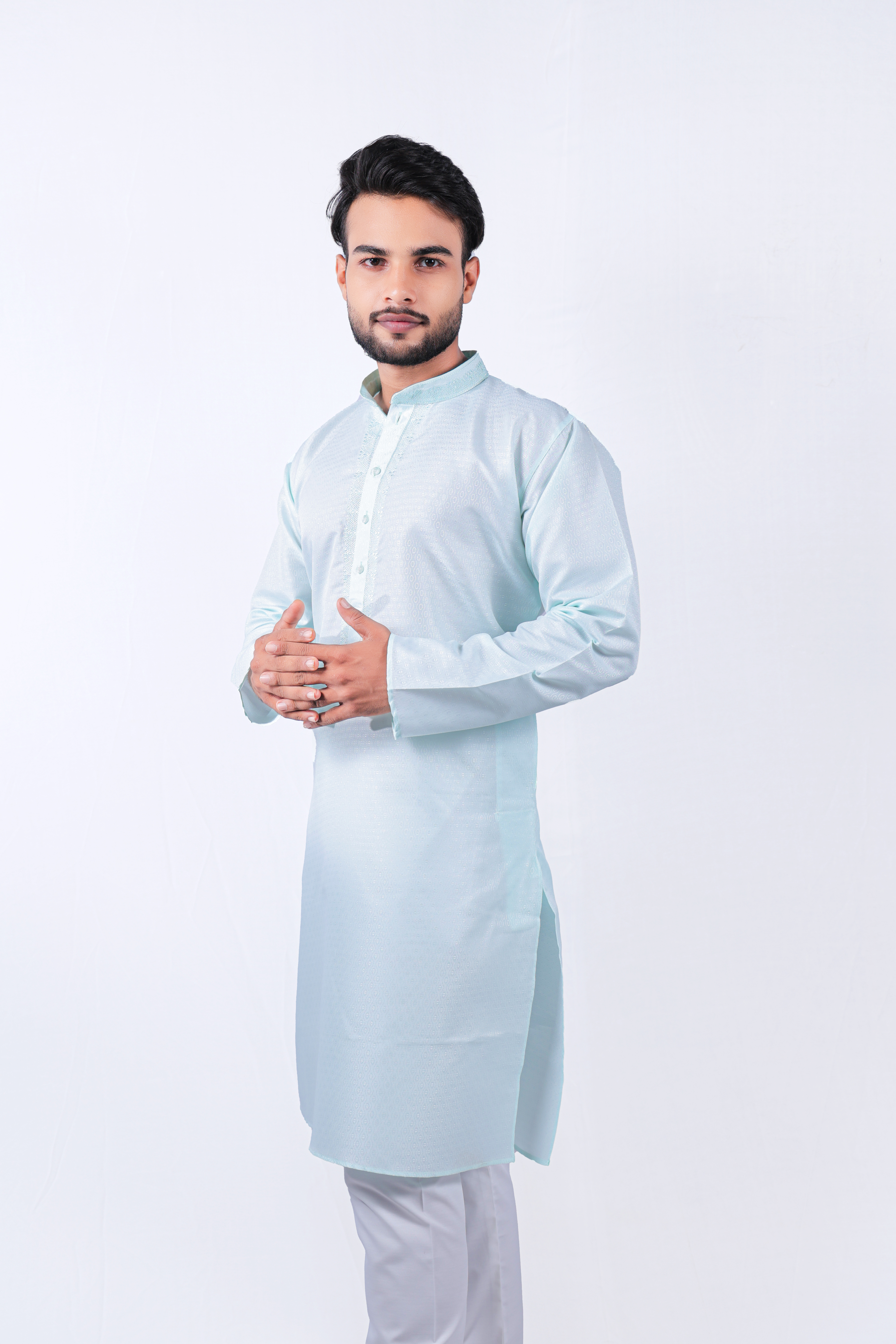 Men's Stylish Light Aqua Green Kurta Pyjama Set - Cotton Blend