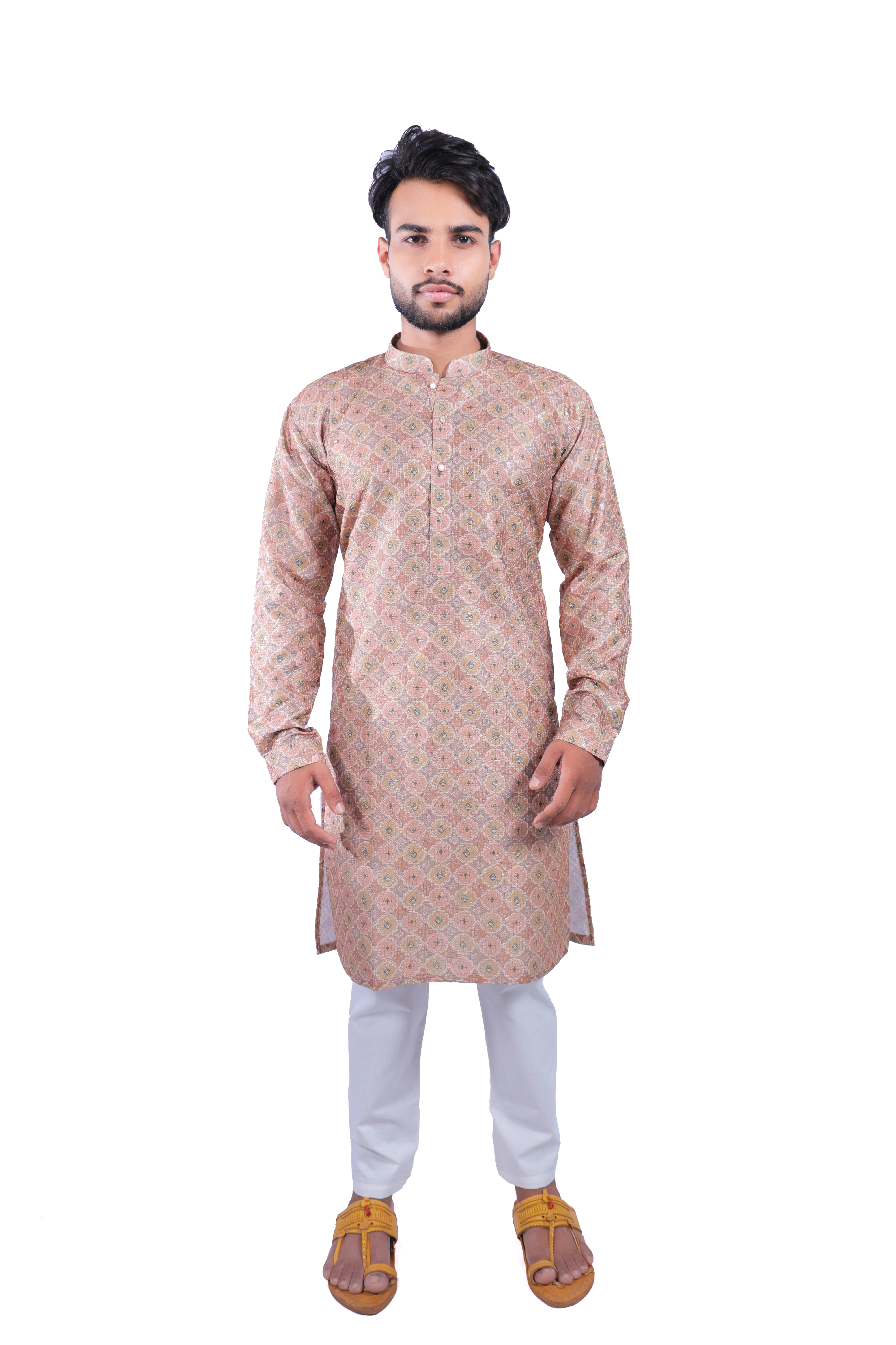 Men's Festive Peach Kurta Pyjama Set - Silk Blend with Jacquard Pattern