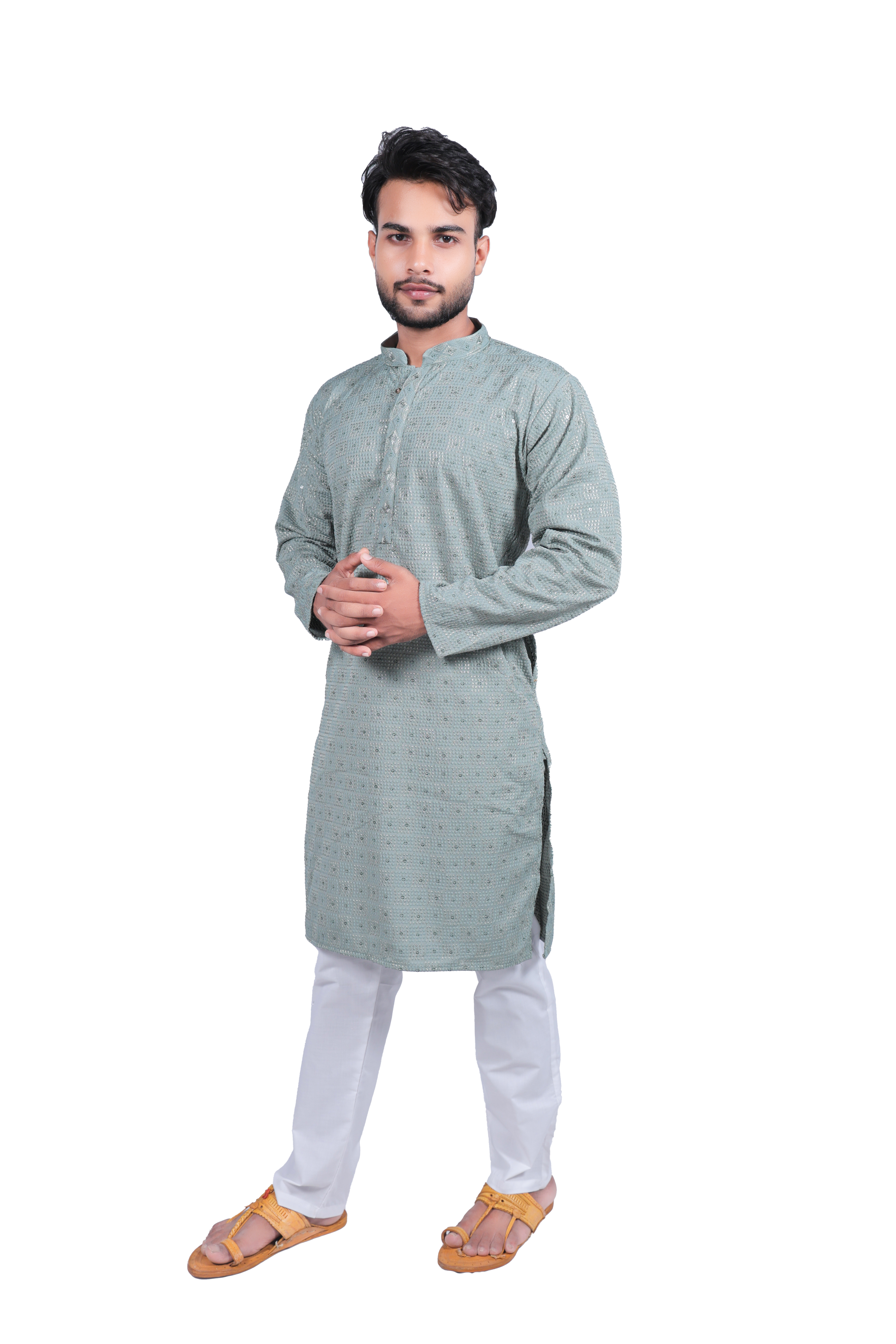 Men's Stylish Gray-Green Textured Kurta Pyjama Set - Cotton Blend