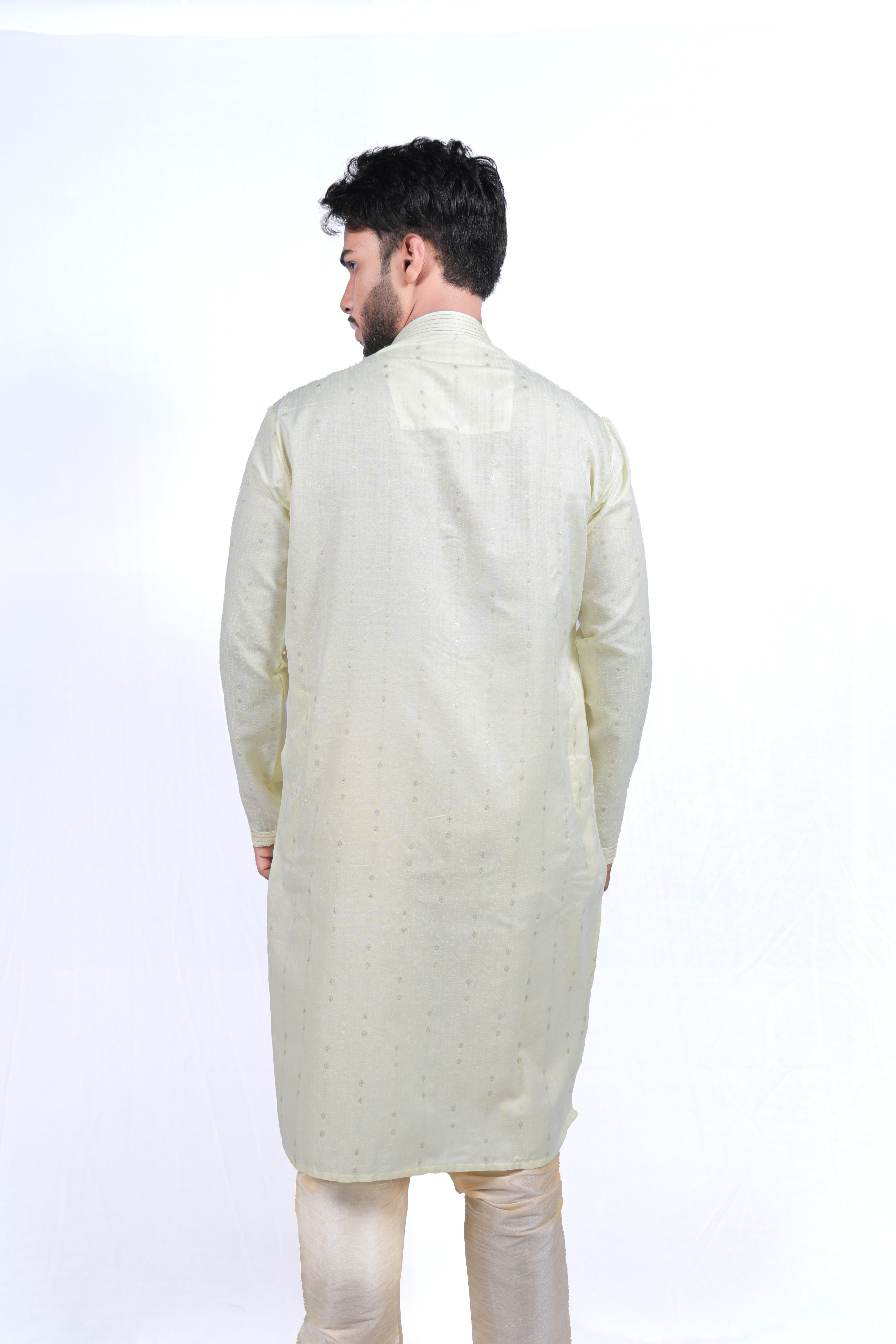 Men's Classic Cream Printed Kurta Pyjama Set - Cotton Linen Blend