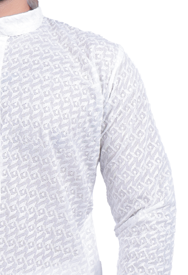 Men's Elegant White Embroidered Kurta Pyjama Set - Cotton Blend