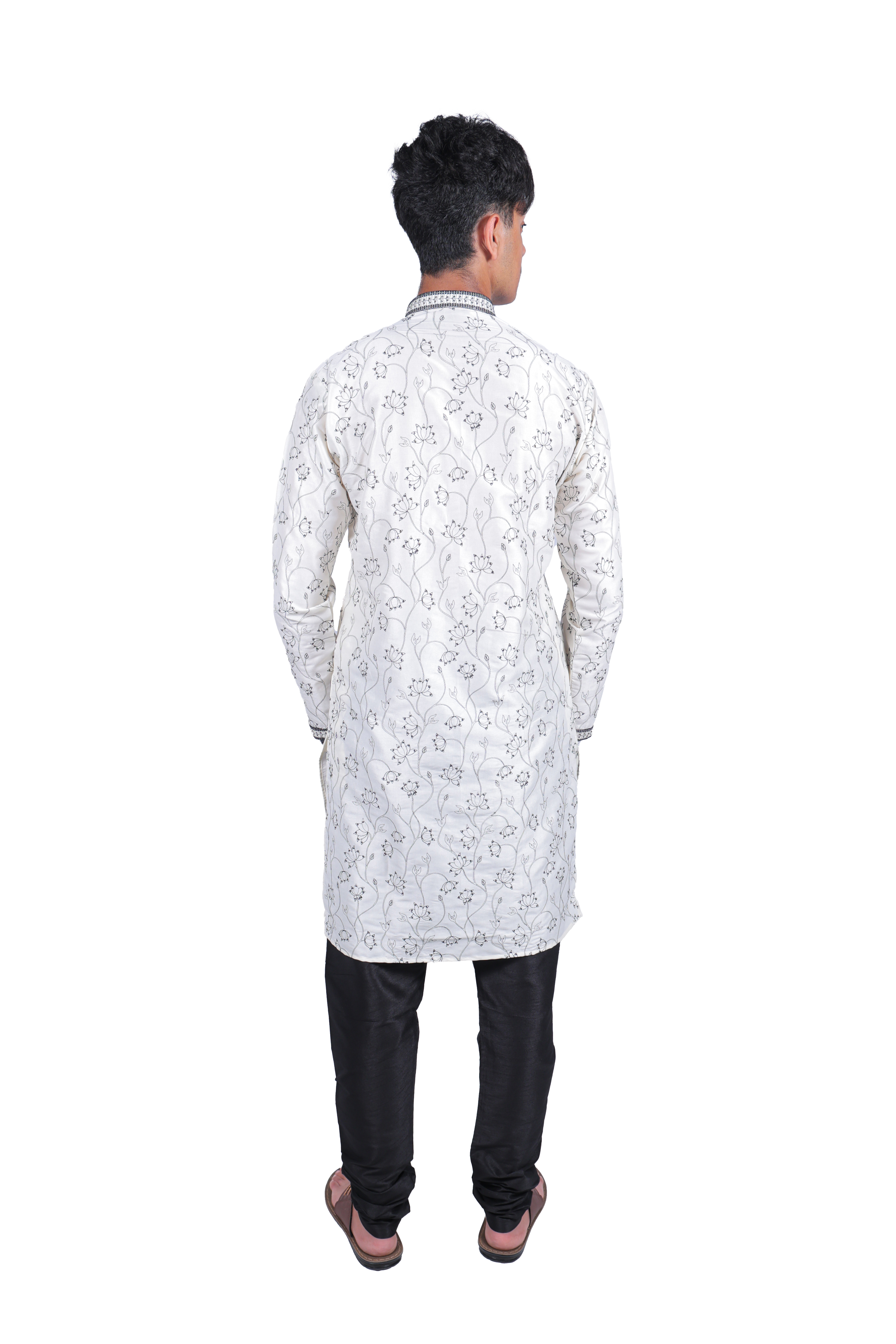 Men's White Printed Kurta Pyjama Set - Silk Blend with Floral Pattern