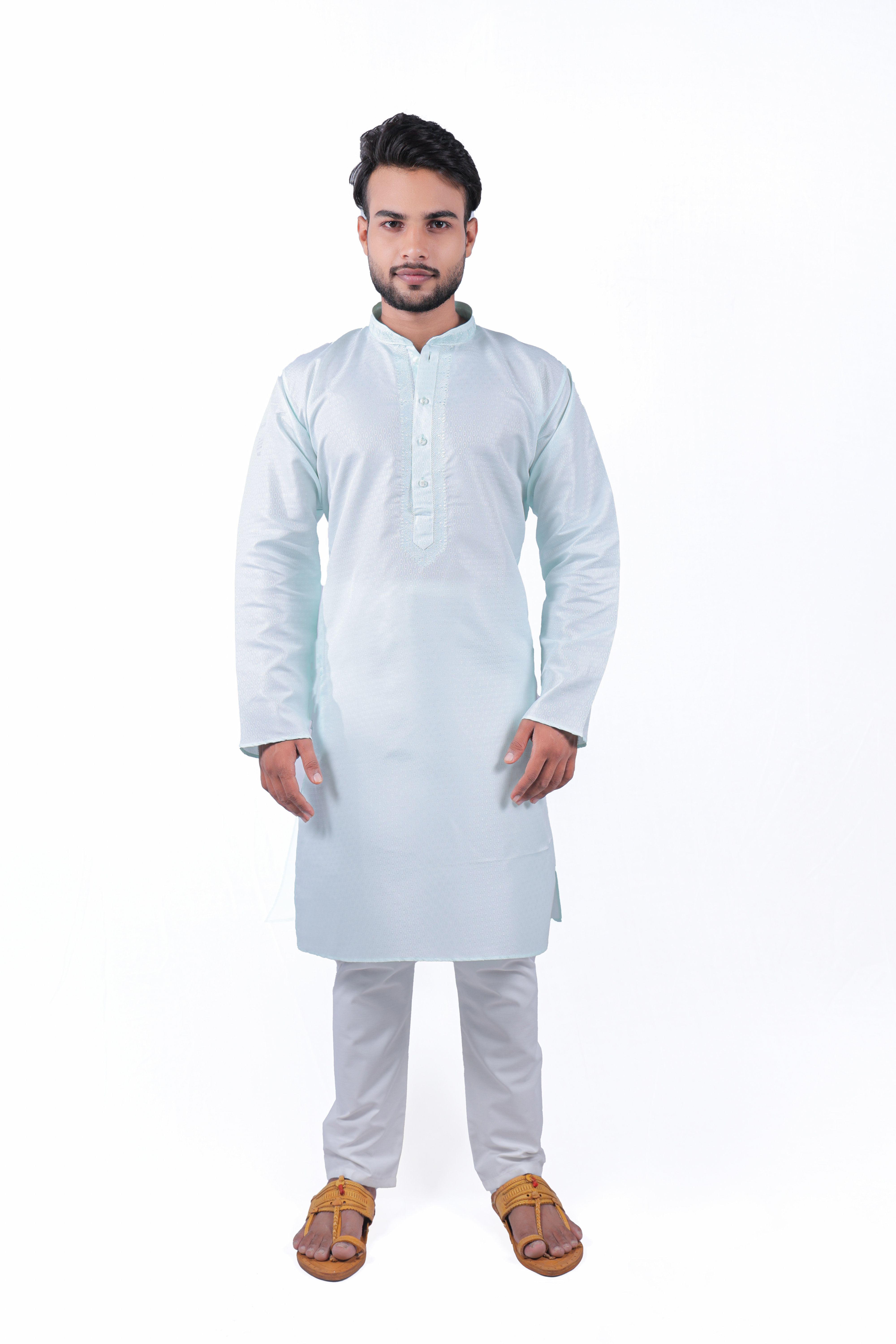 Men's Stylish Light Aqua Green Kurta Pyjama Set - Cotton Blend