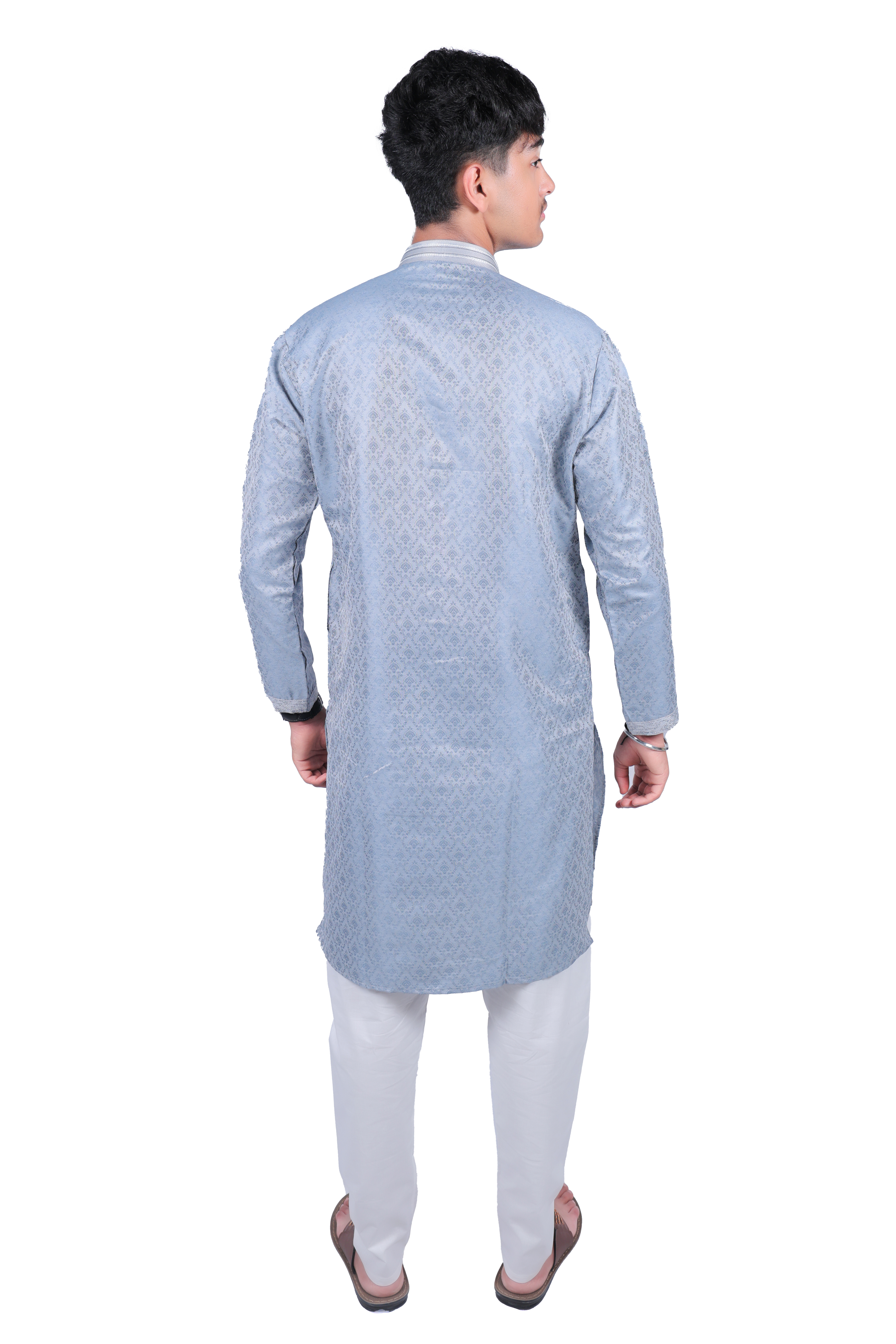 Men's  Blue-Grey /Beige-Gold Kurta Pyjama Set - Festive with Silver Embroidery