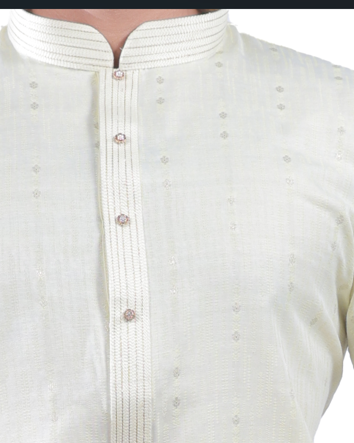 Men's Classic Cream Printed Kurta Pyjama Set - Cotton Linen Blend