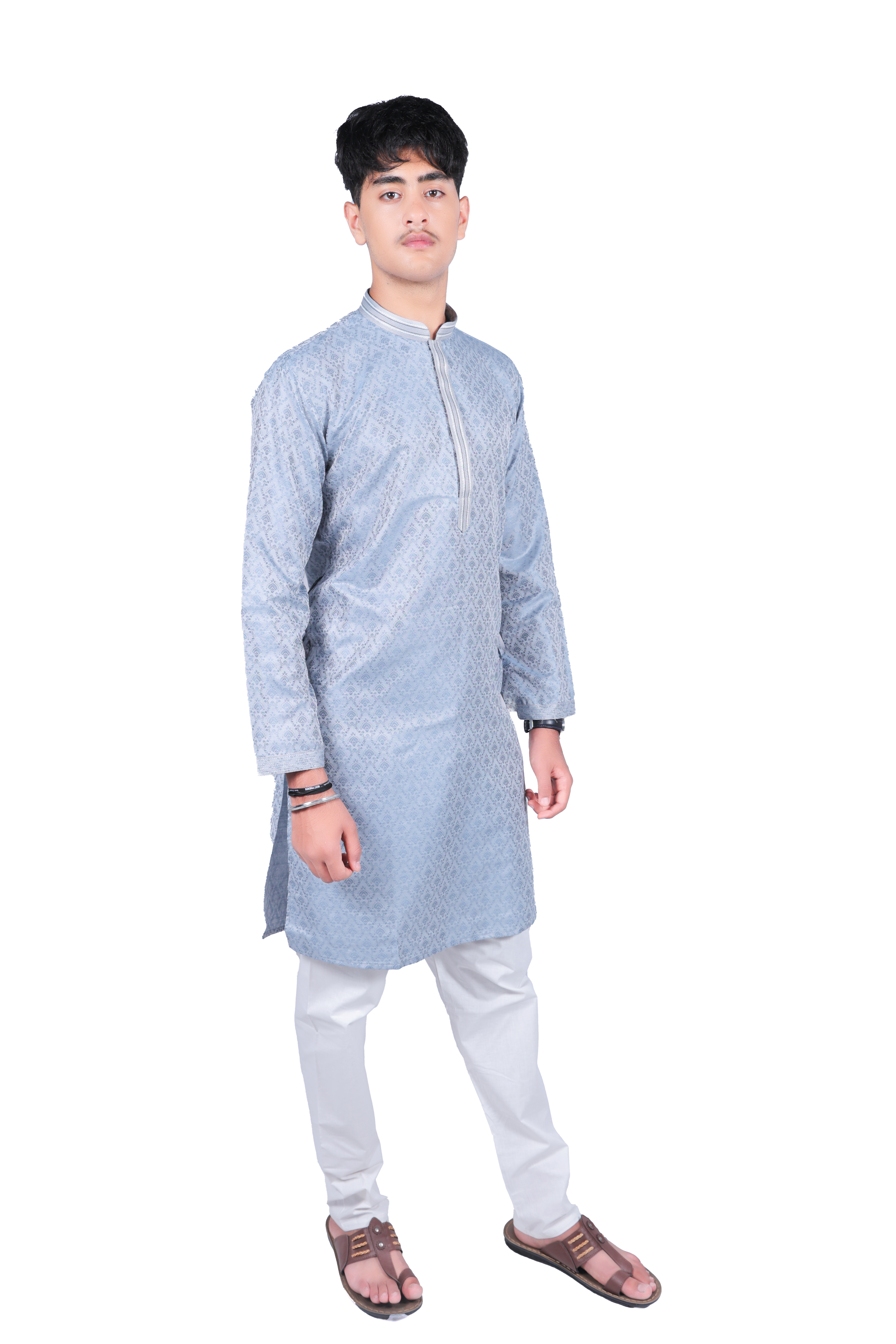 Men's  Blue-Grey /Beige-Gold Kurta Pyjama Set - Festive with Silver Embroidery
