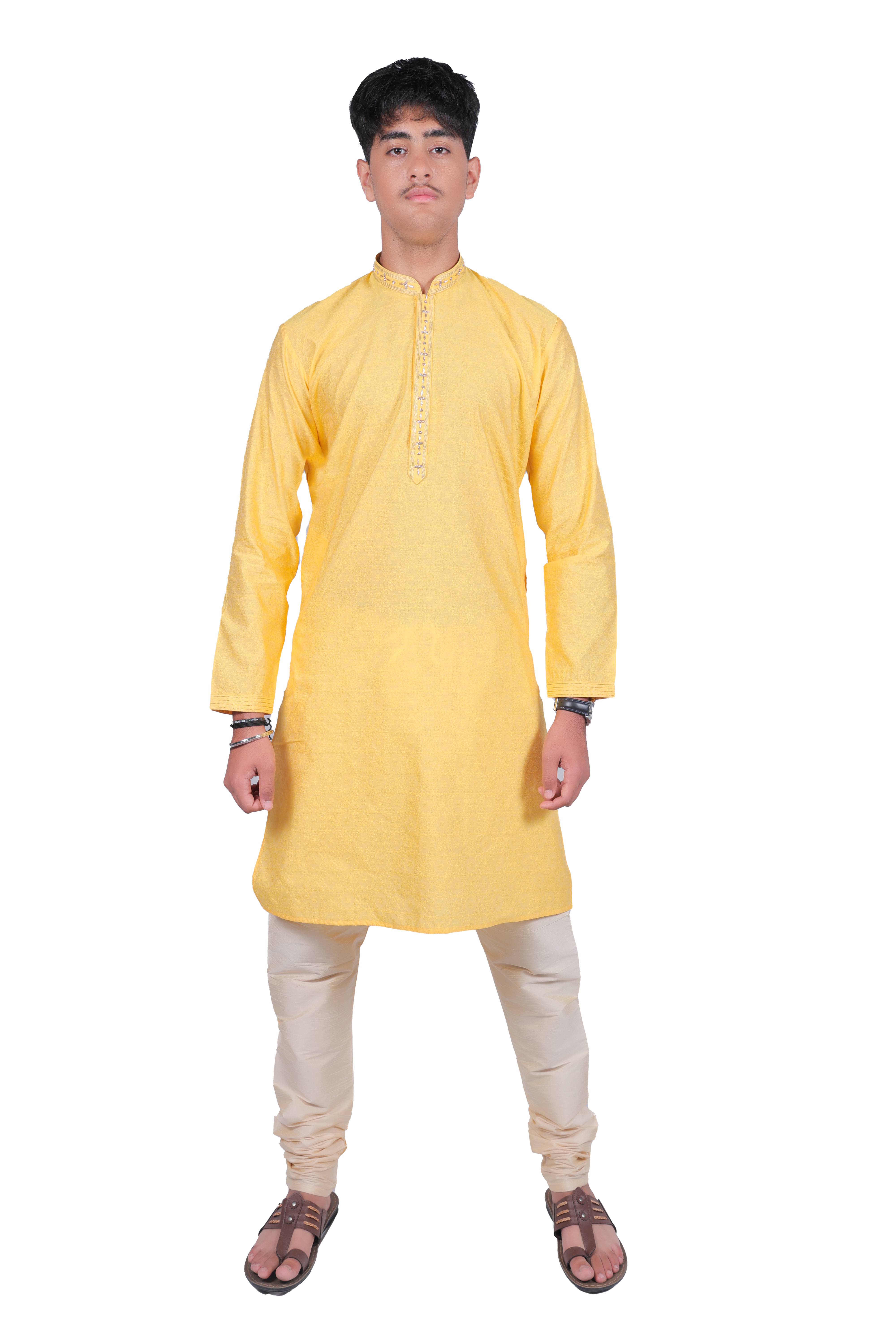 Men's Traditional Yellow Kurta Pyjama Set - Cotton Blend
