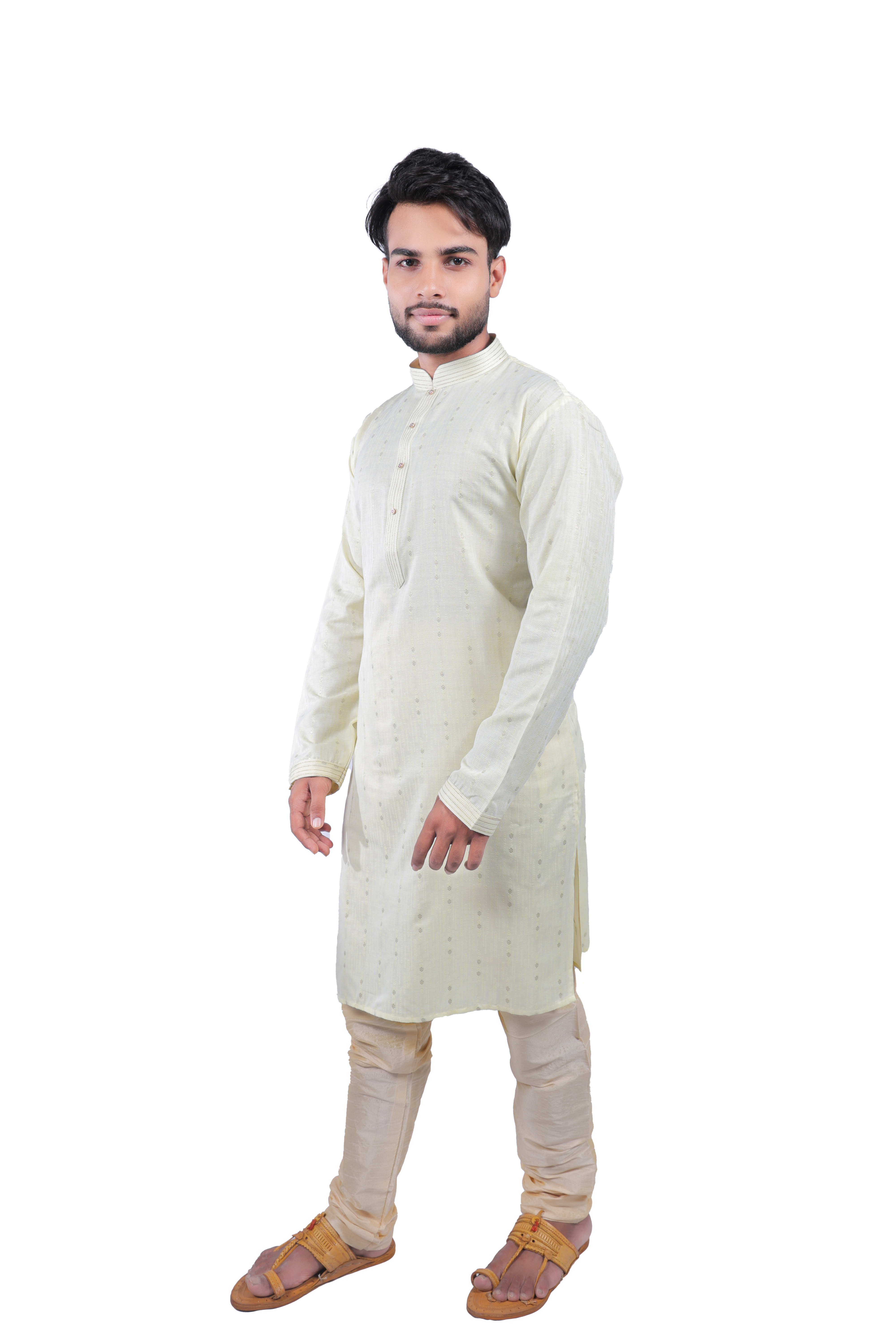 Men's Classic Cream Printed Kurta Pyjama Set - Cotton Linen Blend