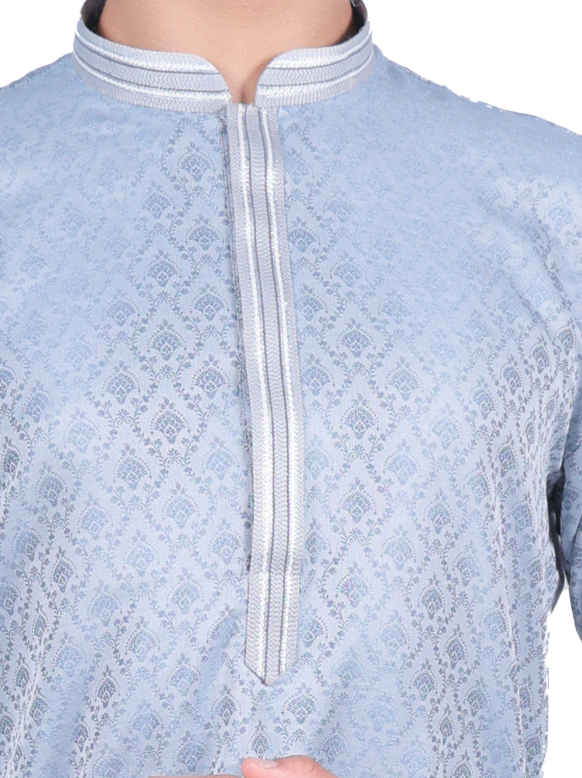 Men's  Blue-Grey /Beige-Gold Kurta Pyjama Set - Festive with Silver Embroidery