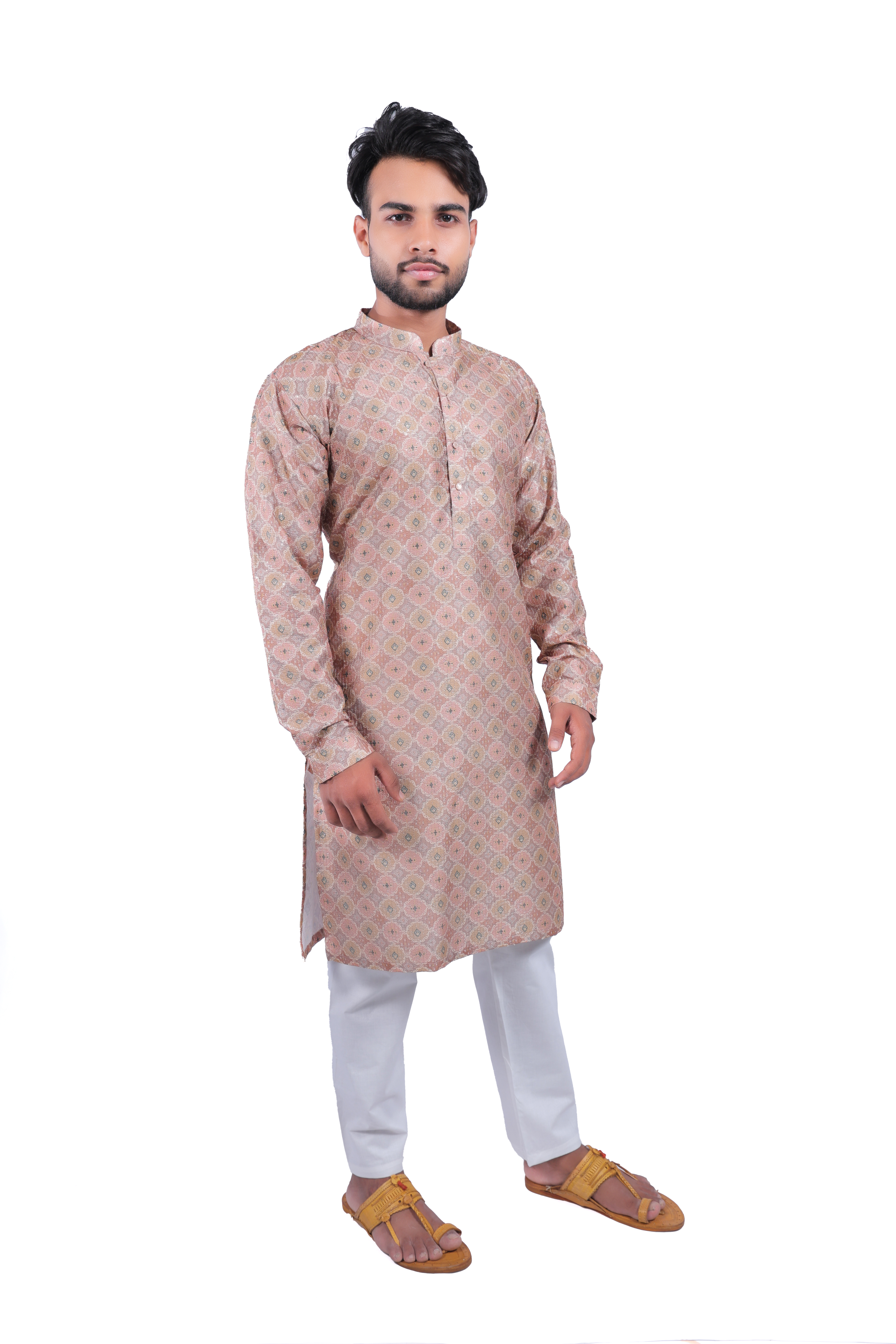 Men's Festive Peach Kurta Pyjama Set - Silk Blend with Jacquard Pattern