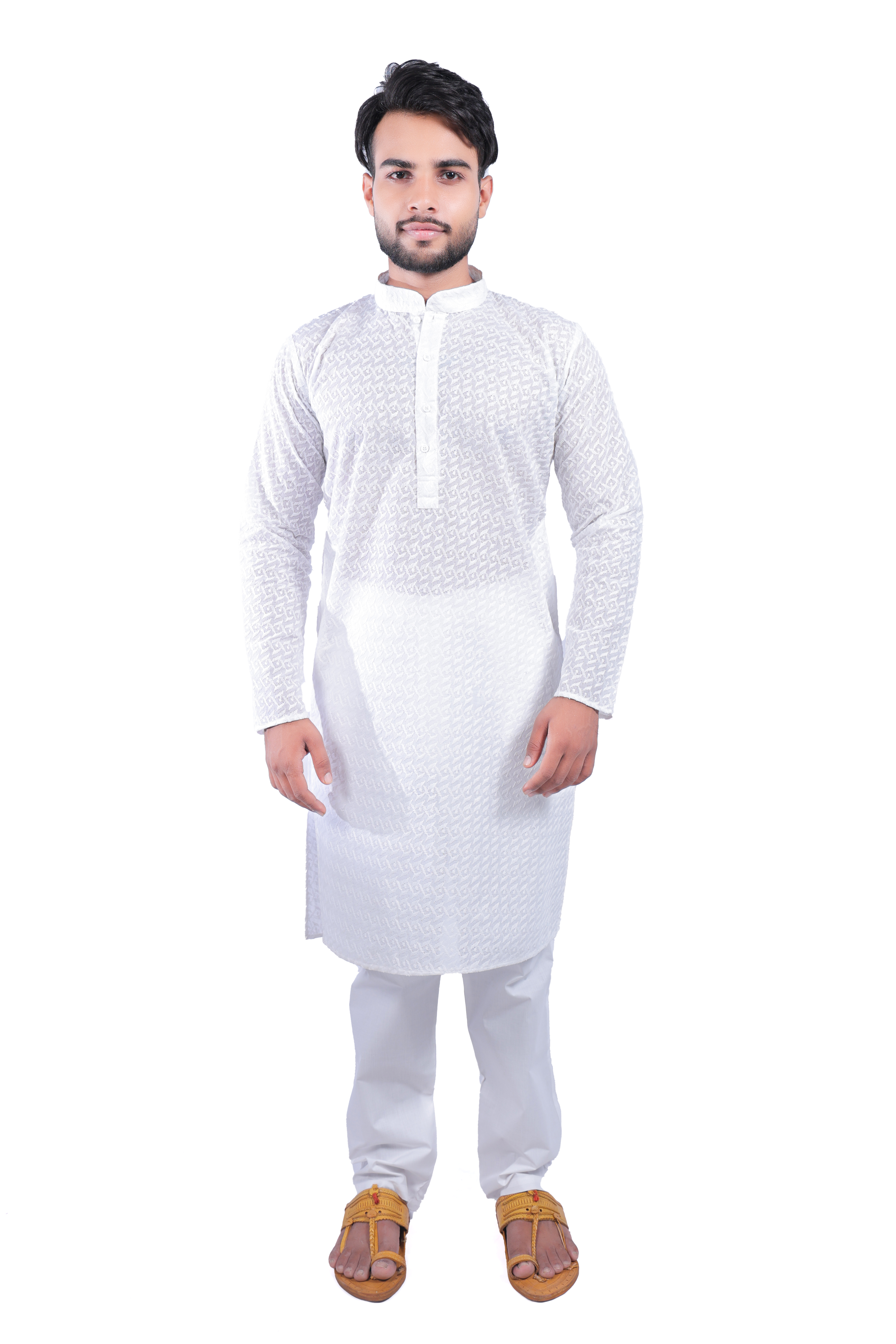 Men's Elegant White Embroidered Kurta Pyjama Set - Cotton Blend
