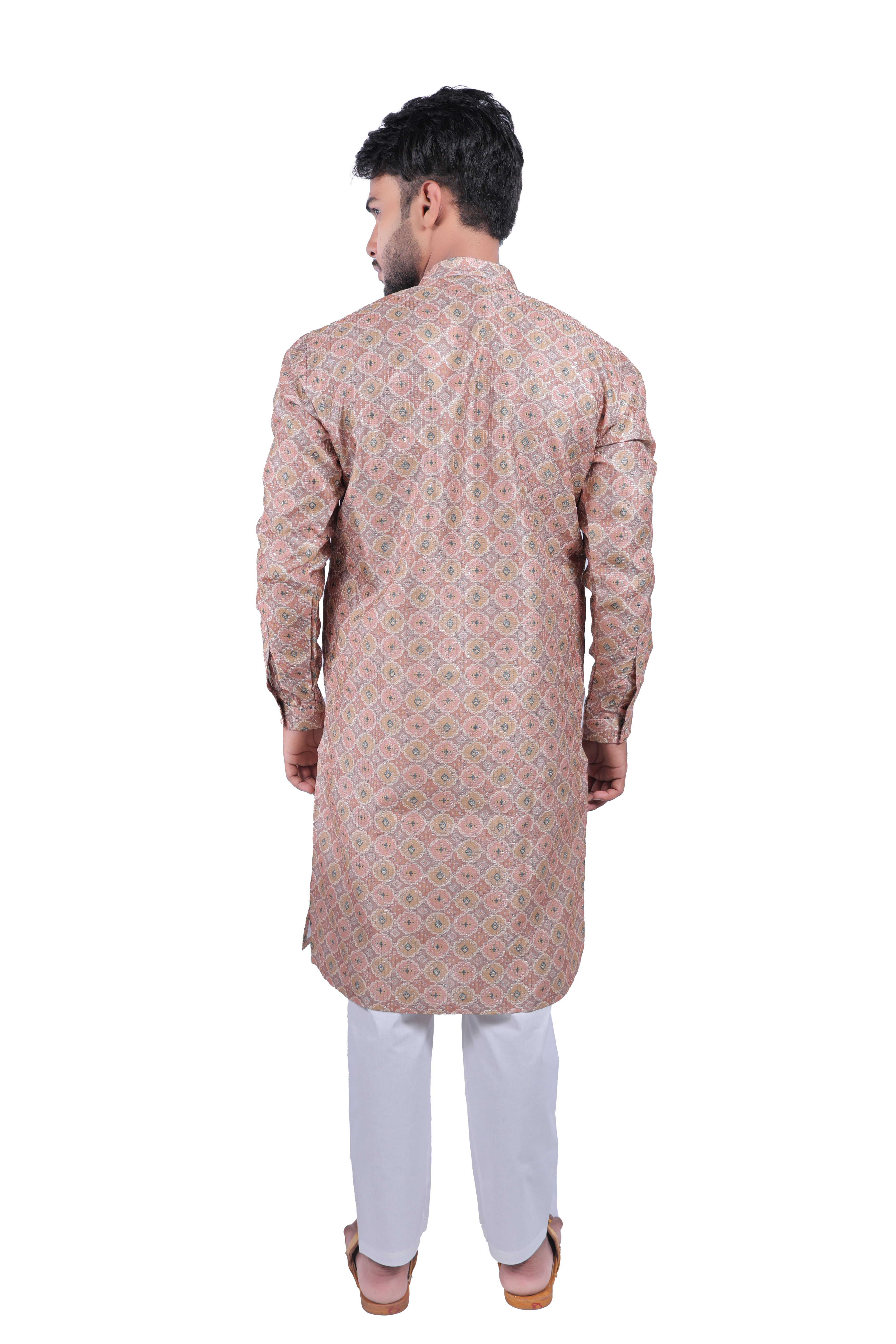 Men's Festive Peach Kurta Pyjama Set - Silk Blend with Jacquard Pattern