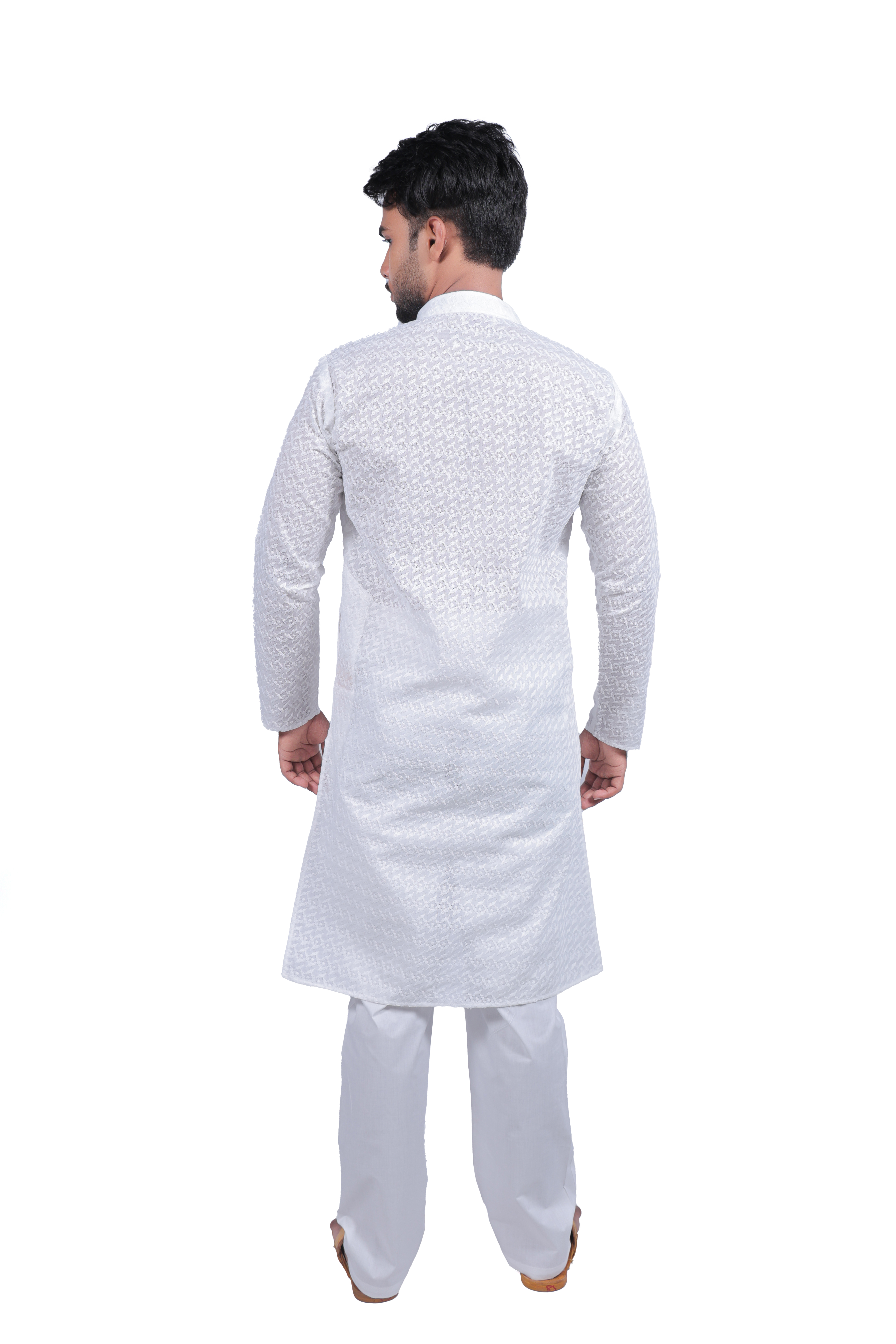 Men's Elegant White Embroidered Kurta Pyjama Set - Cotton Blend